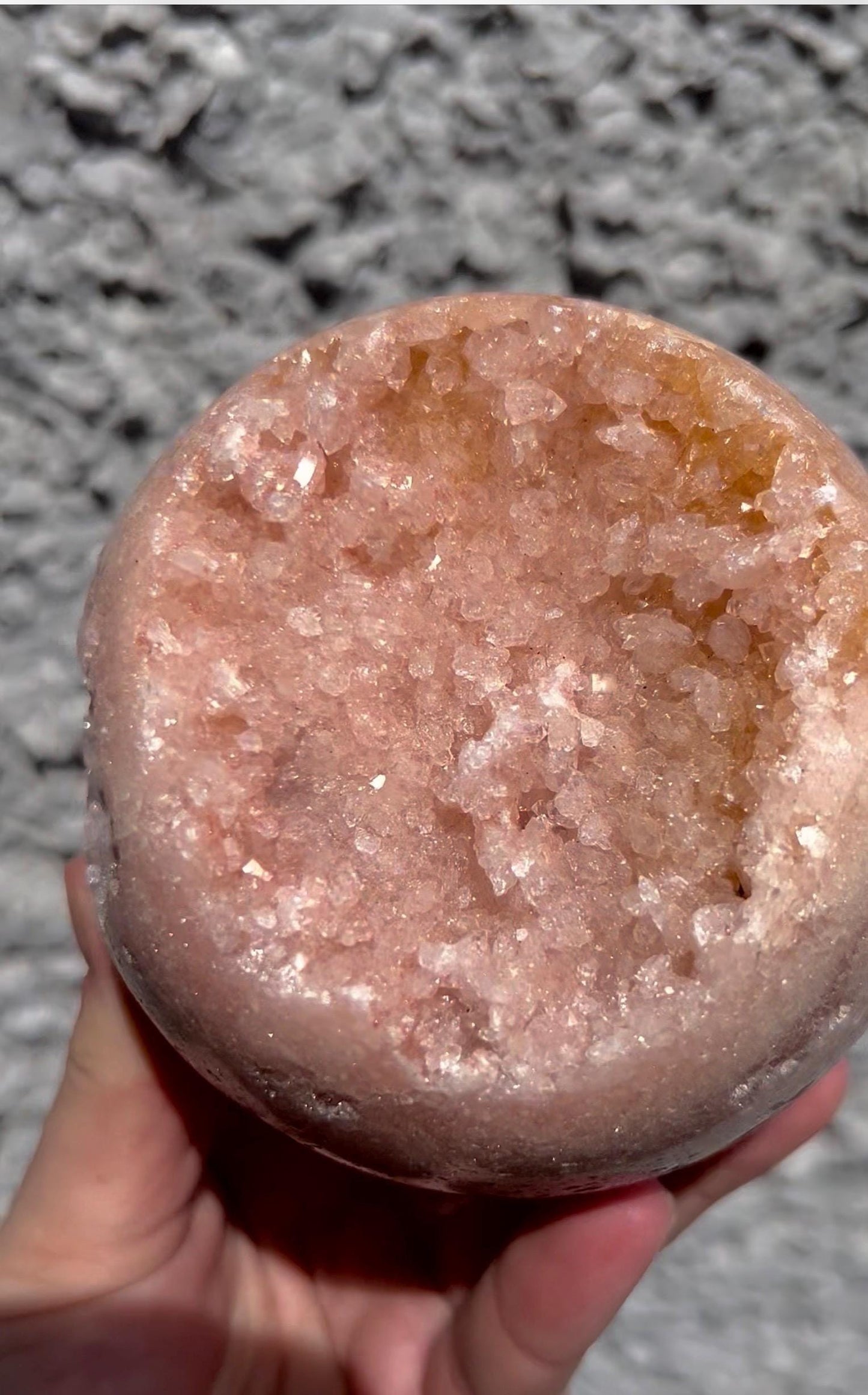large, vibrant peach toned pink amethyst sphere with sugar druzy cave 1.173kg