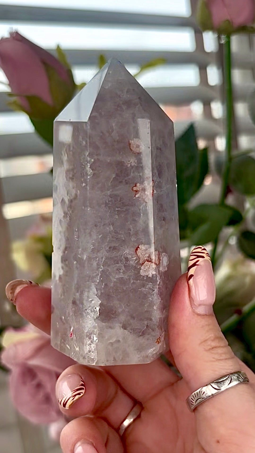 Stunning!! Super high quality, Druzy, green chlorite x blue flower agate tower