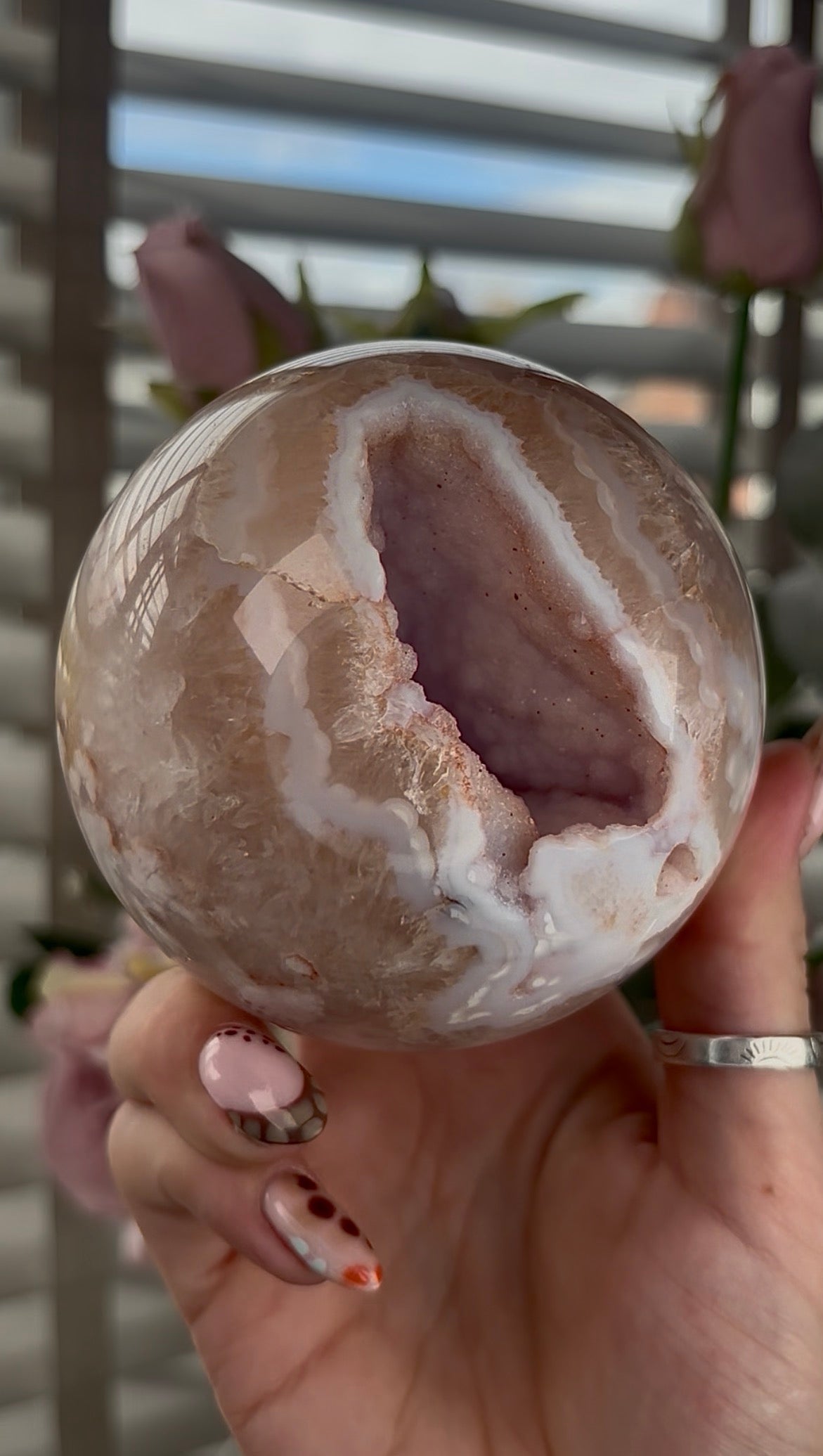 High grade, amethyst Flower agate sphere with high clarity quartz 8.5cm