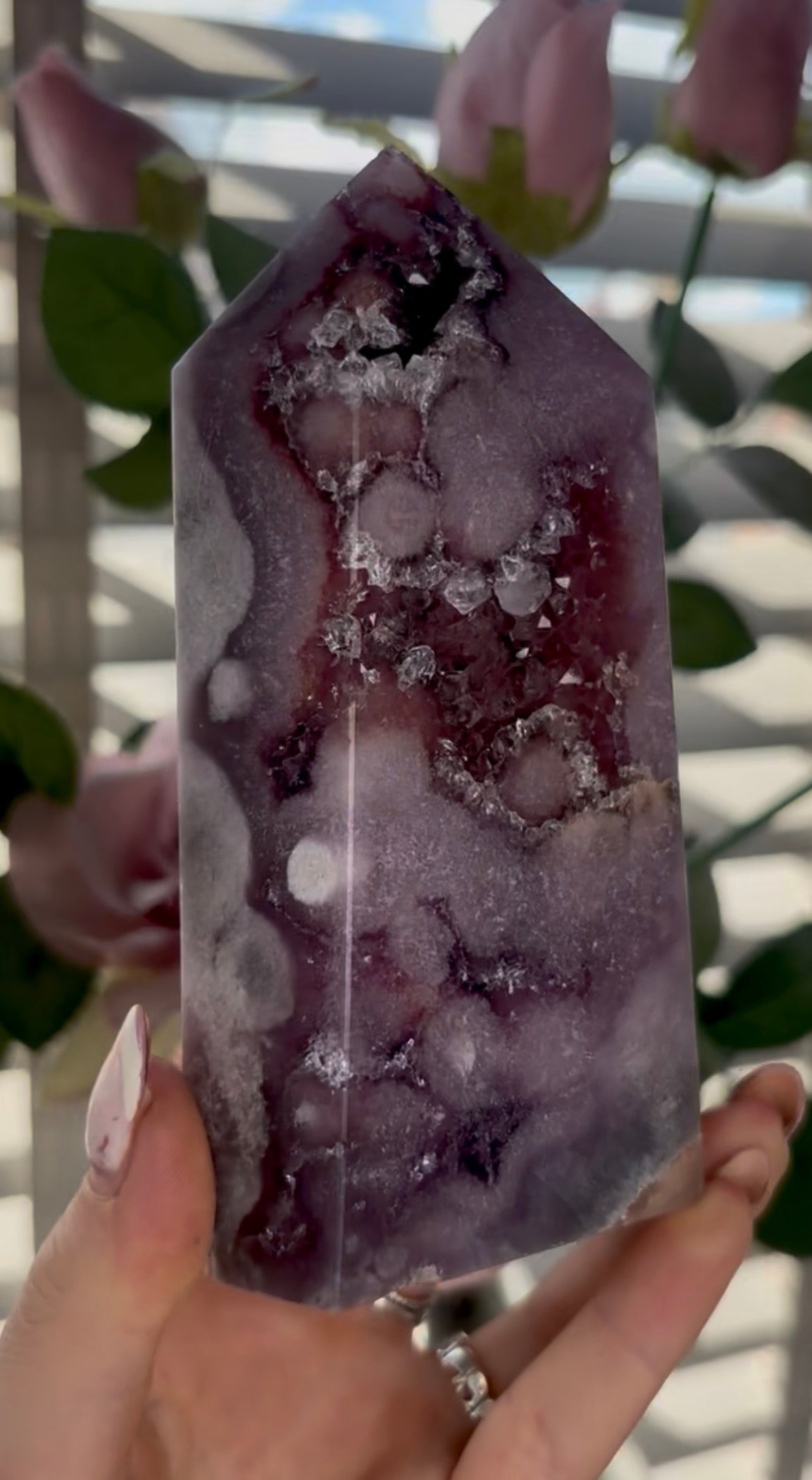 Beautiful, high quality, Pink amethyst tower in lilac tones with vibrant purple druzy