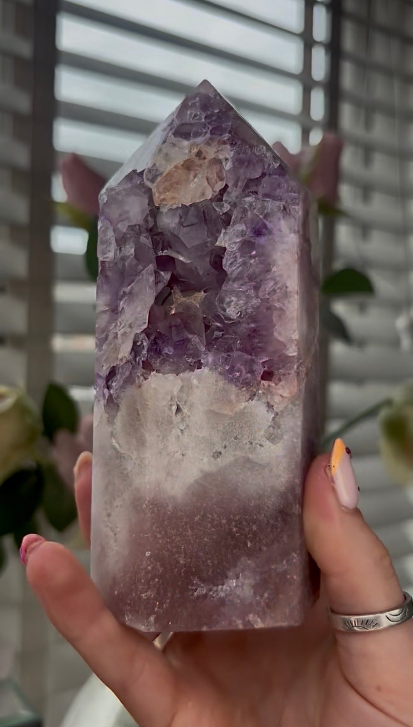 High quality, Pink amethyst tower, with purple quartz druzy