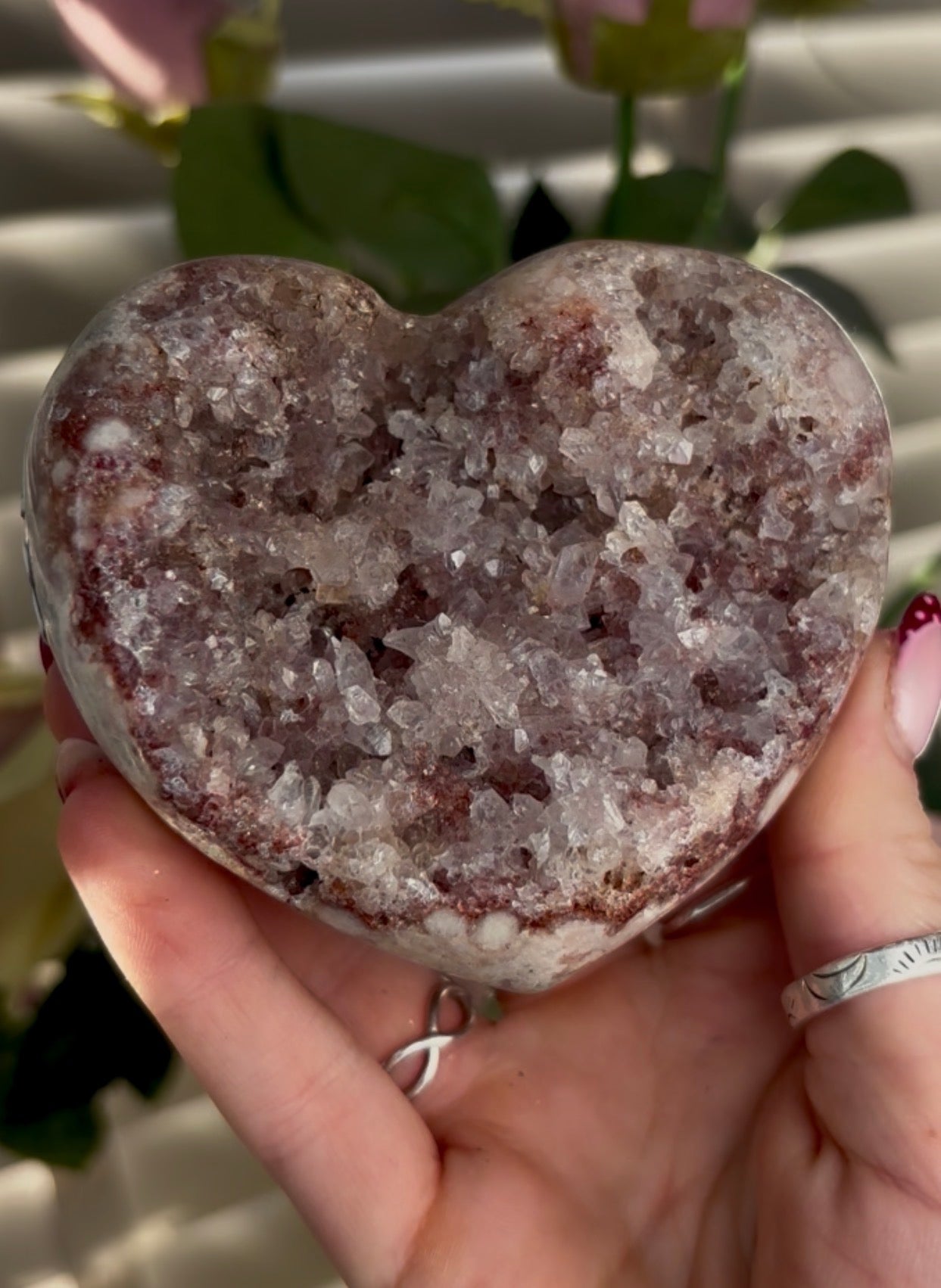 pink amethyst heart with quartz Druze- comes with stand