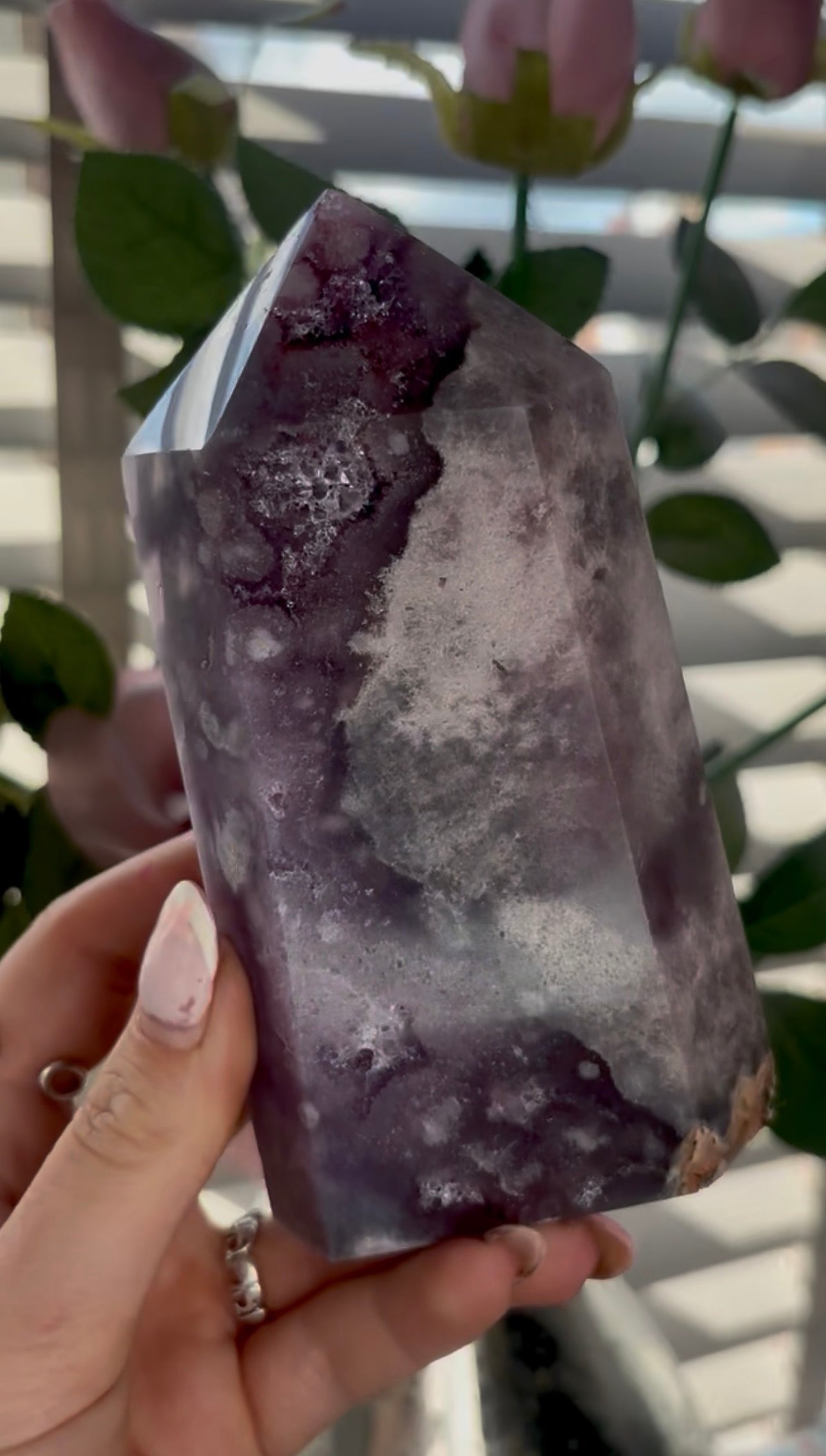 Beautiful, high quality, Pink amethyst tower in lilac tones with vibrant purple druzy