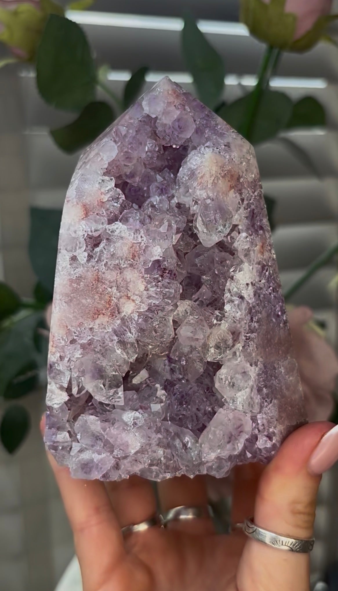 Beautiful, hq, druzy, chunky Pink amethyst tower 12cm(h) by 8.5cm(w)