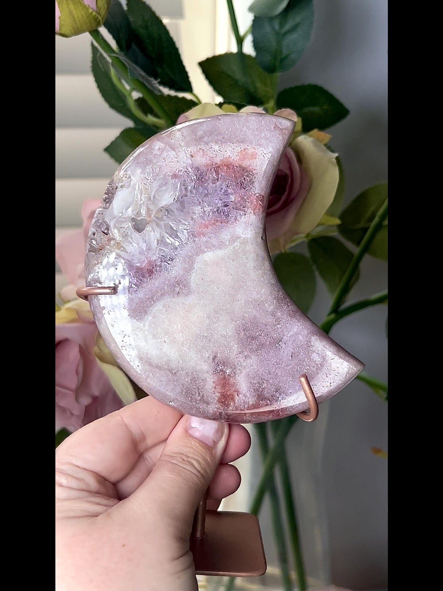 High grade, pink amethyst moon with purple quartz druze 400g