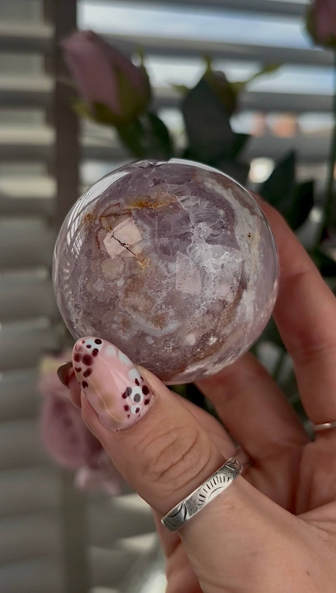 High grade, Pink amethyst Flower agate sphere with druzy quartz- 5.5cm