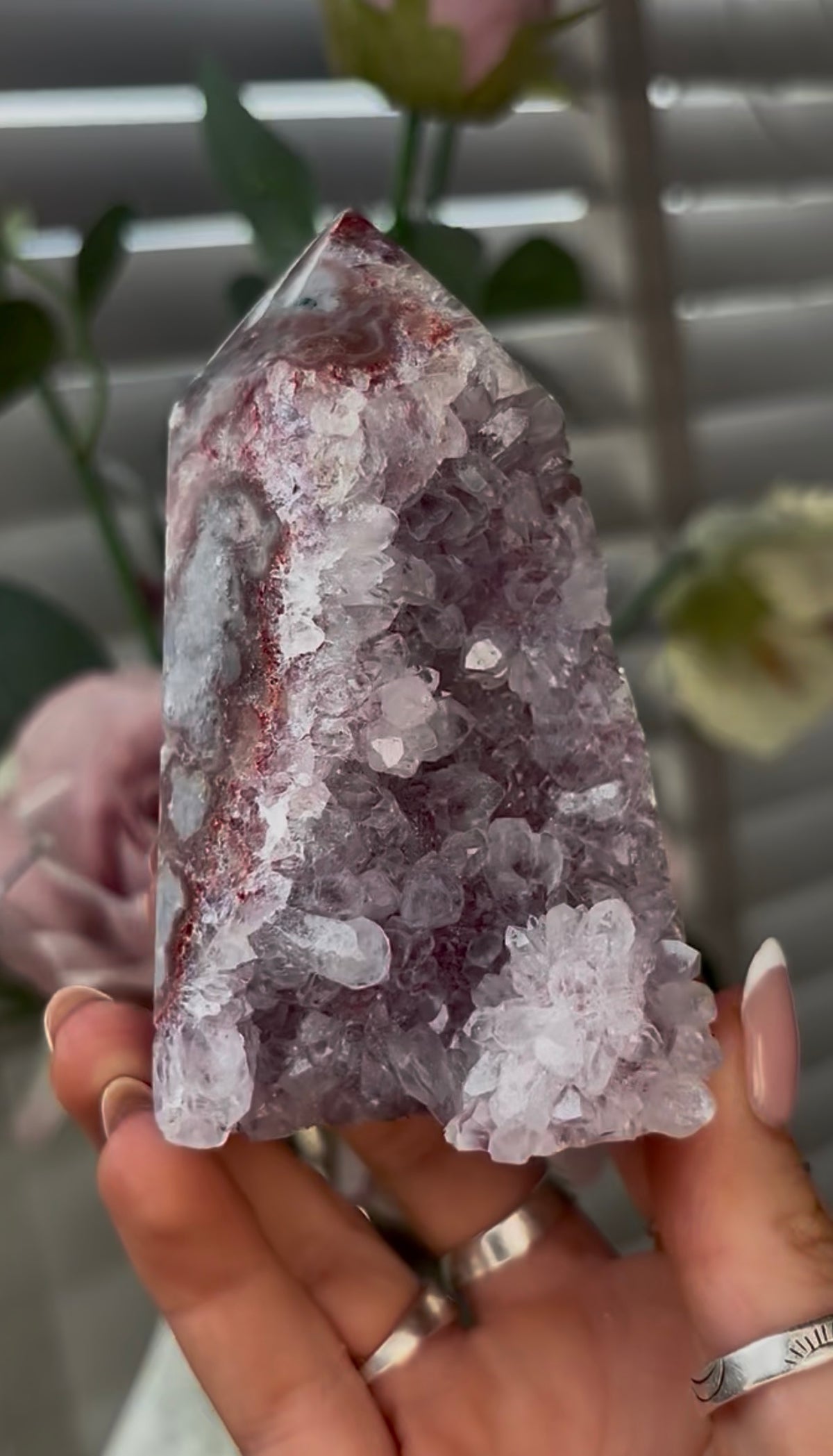 Beautiful, hq, druzy, Pink amethyst tower 10cm(h) by 6cm(w)
