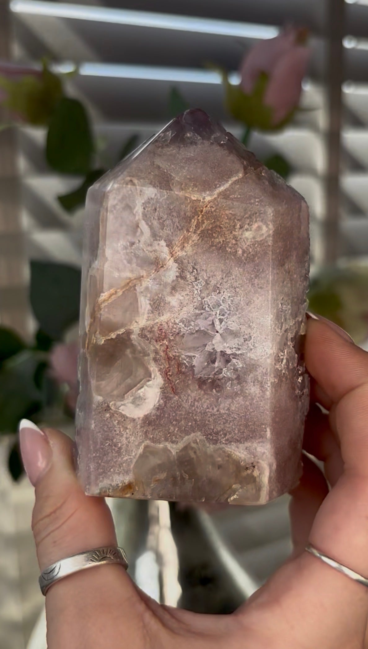 Beautiful, chunky Pink amethyst tower with purple quartz 9.5cm(h) by 6cm(w)