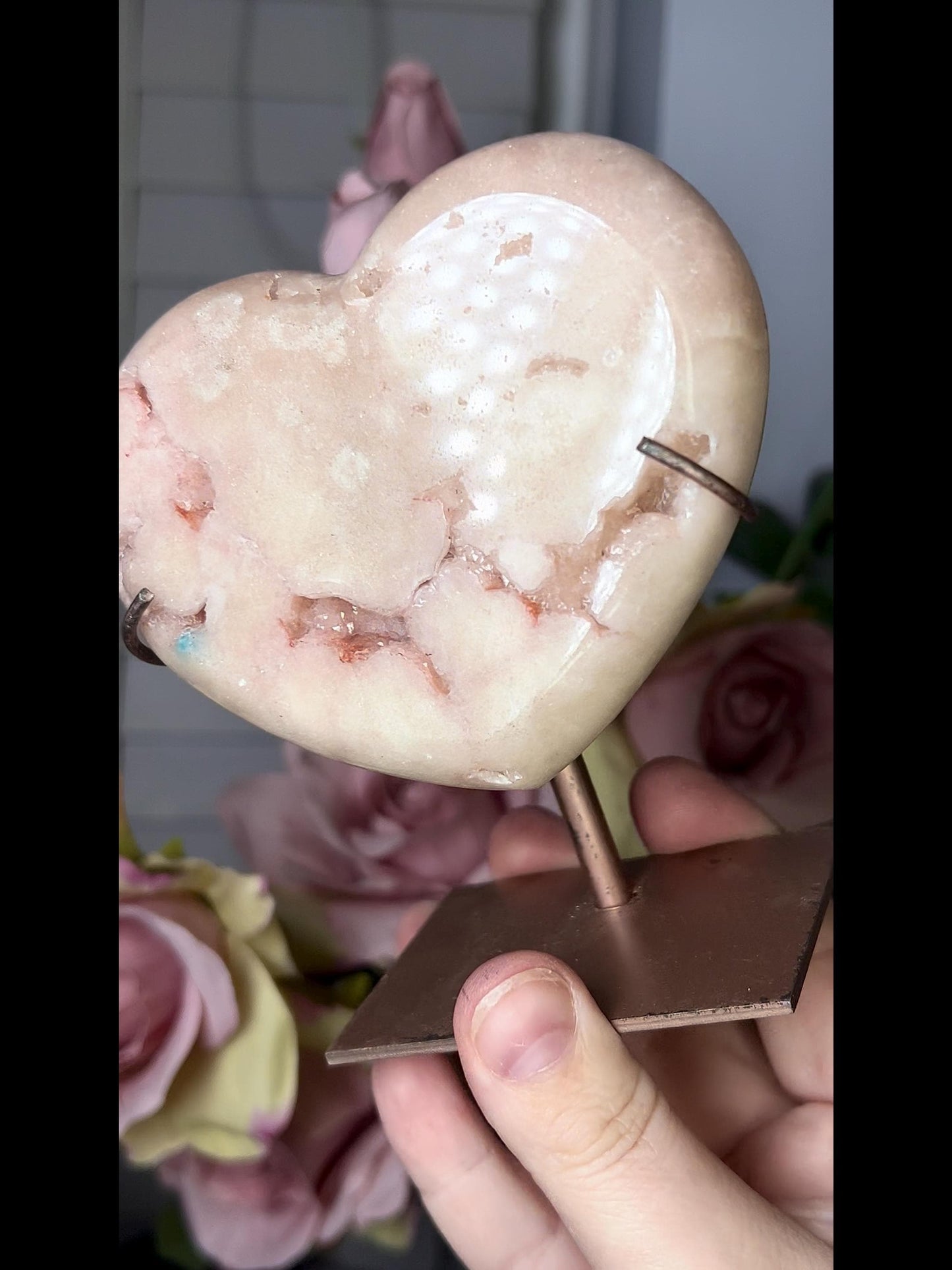 pink amethyst heart comes with stand that is scratched (discount added)