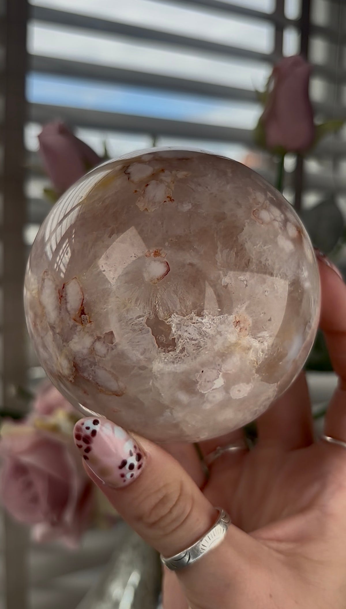 High grade, amethyst Flower agate sphere with high clarity quartz 8.5cm