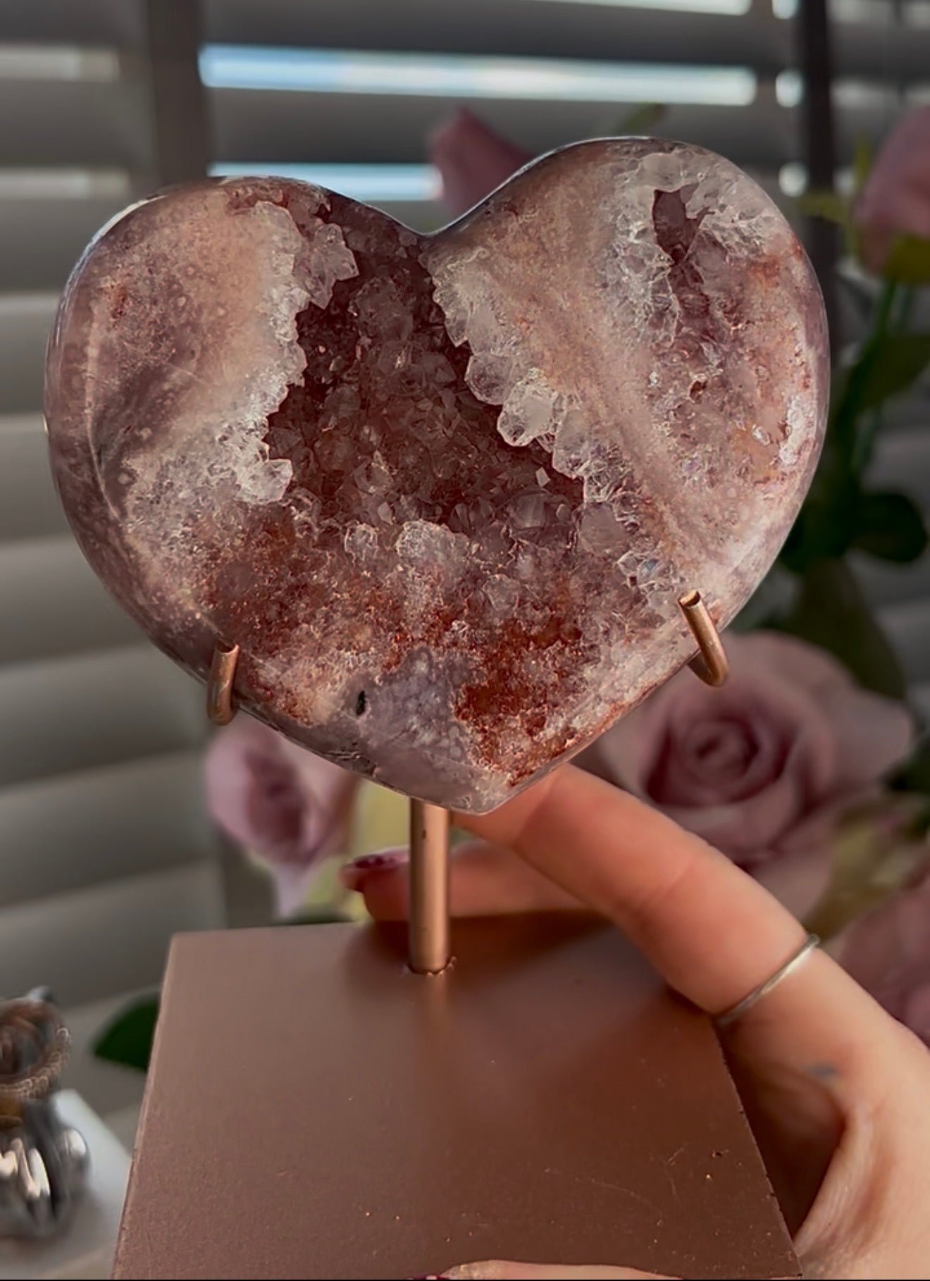 High quality pink amethyst heart - comes with stand