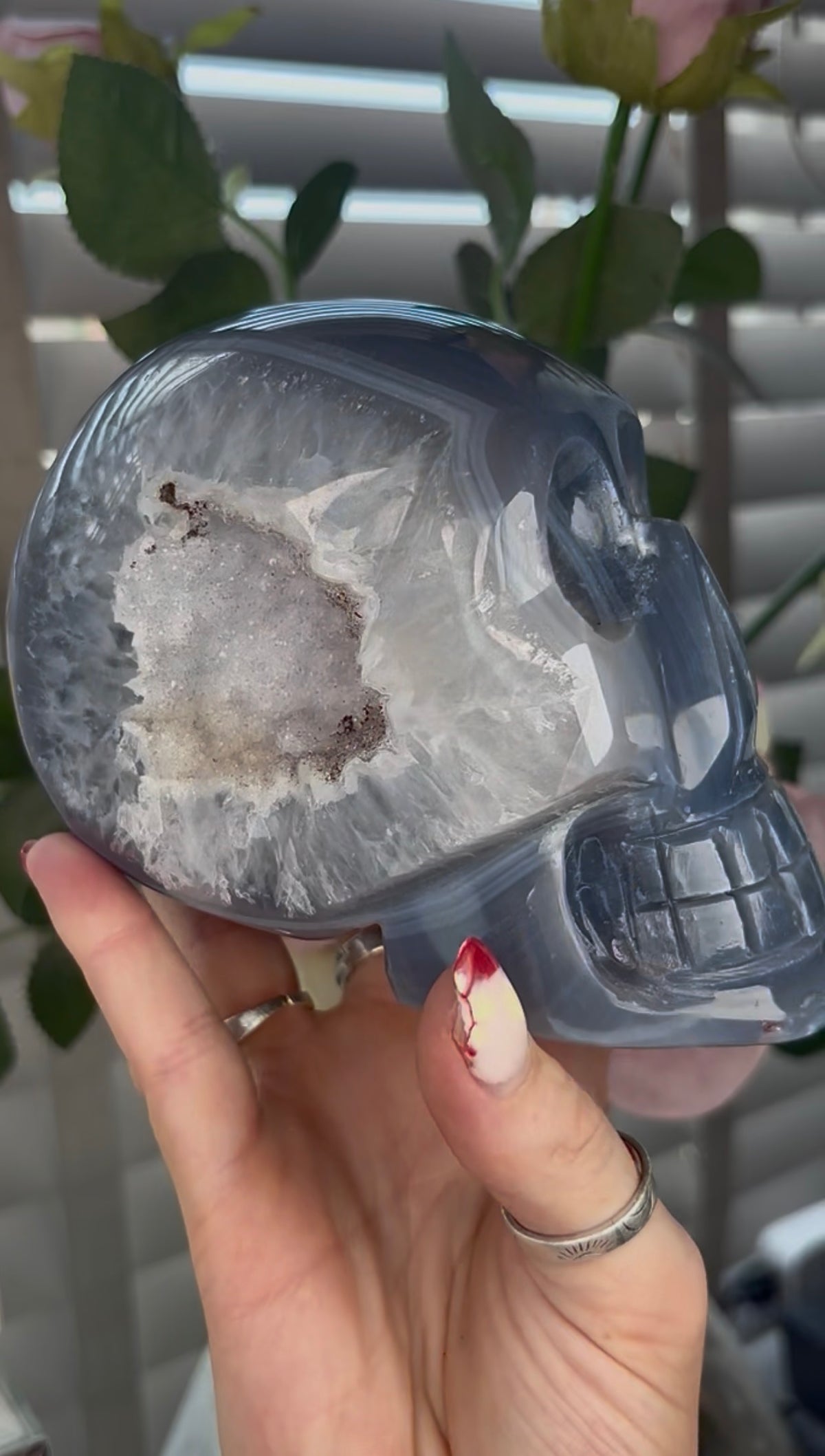 Beautiful, blue banded, amethyst agate, skull with incredible druzy