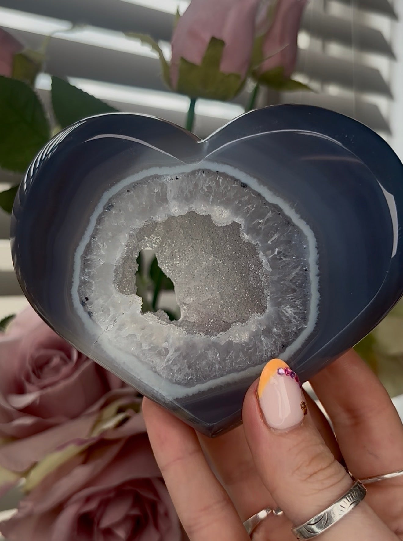 Beautiful, high quality, blue agate heart with druzy - stand included