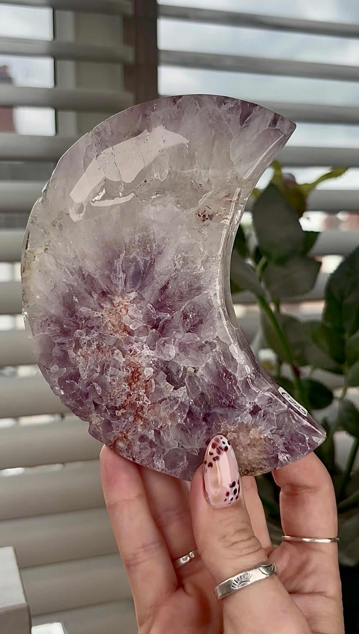 High grade, amethyst Flower agate moon with high clarity quartz