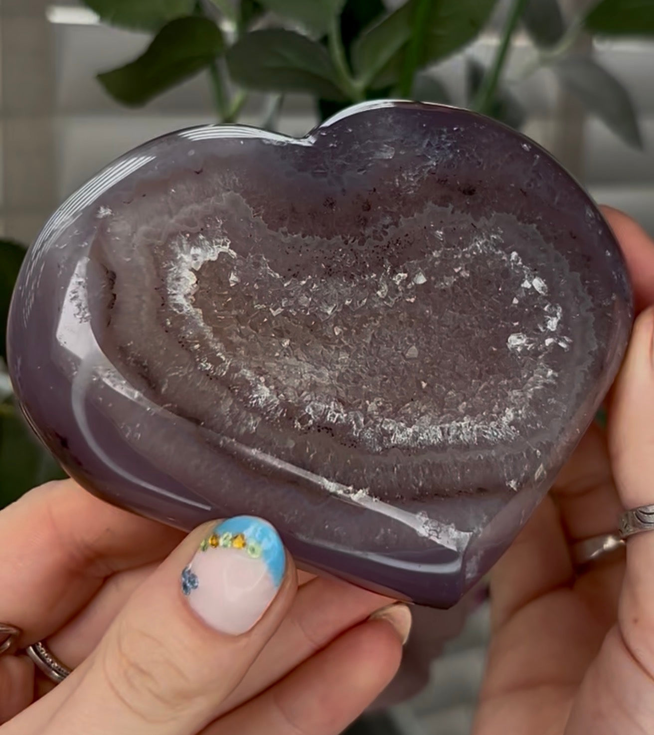 Beautiful, high grade, agate heart with druzy - comes with stand