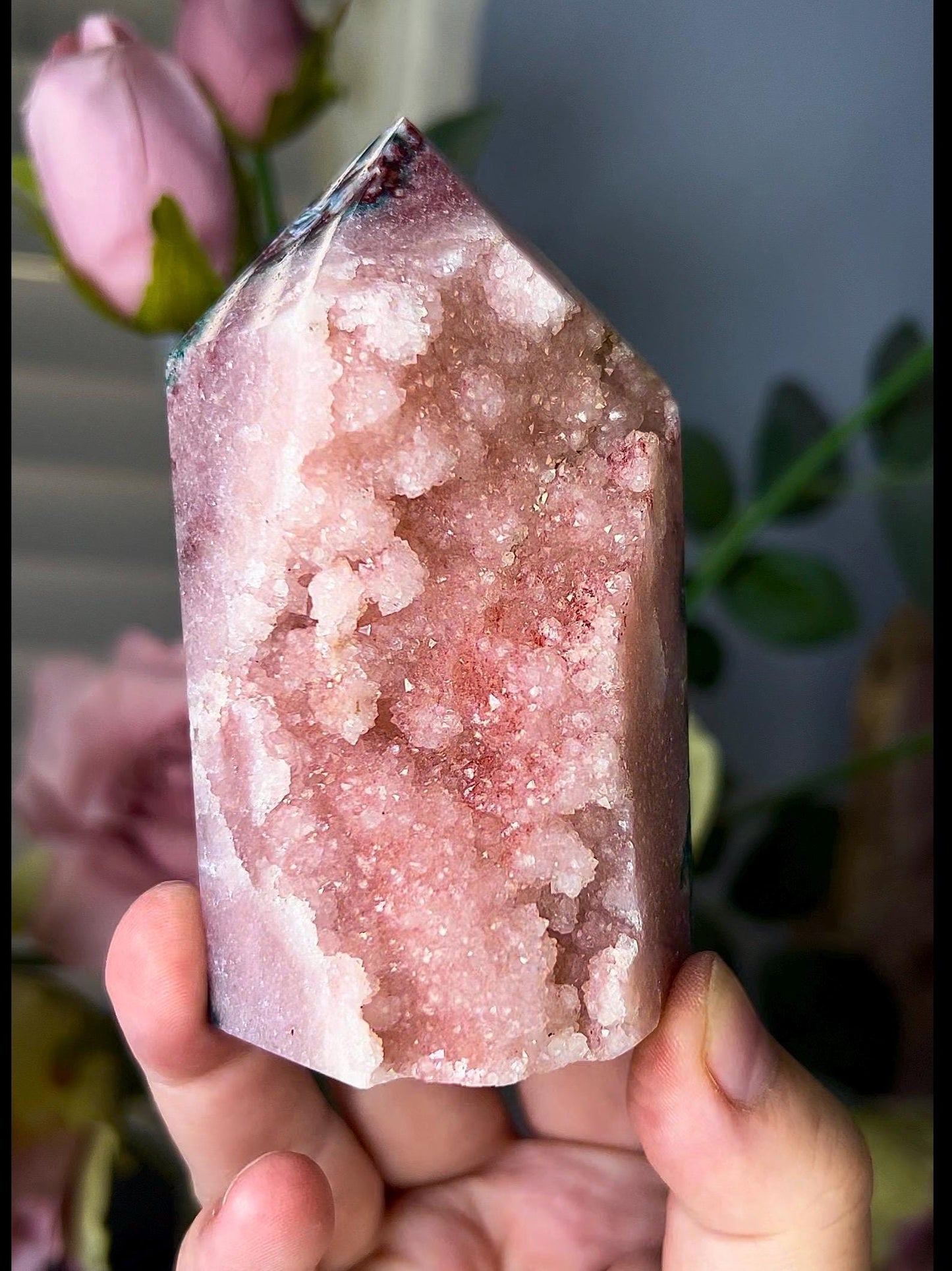 High grade, baby pink amethyst, sugar druzy tower with green jasper