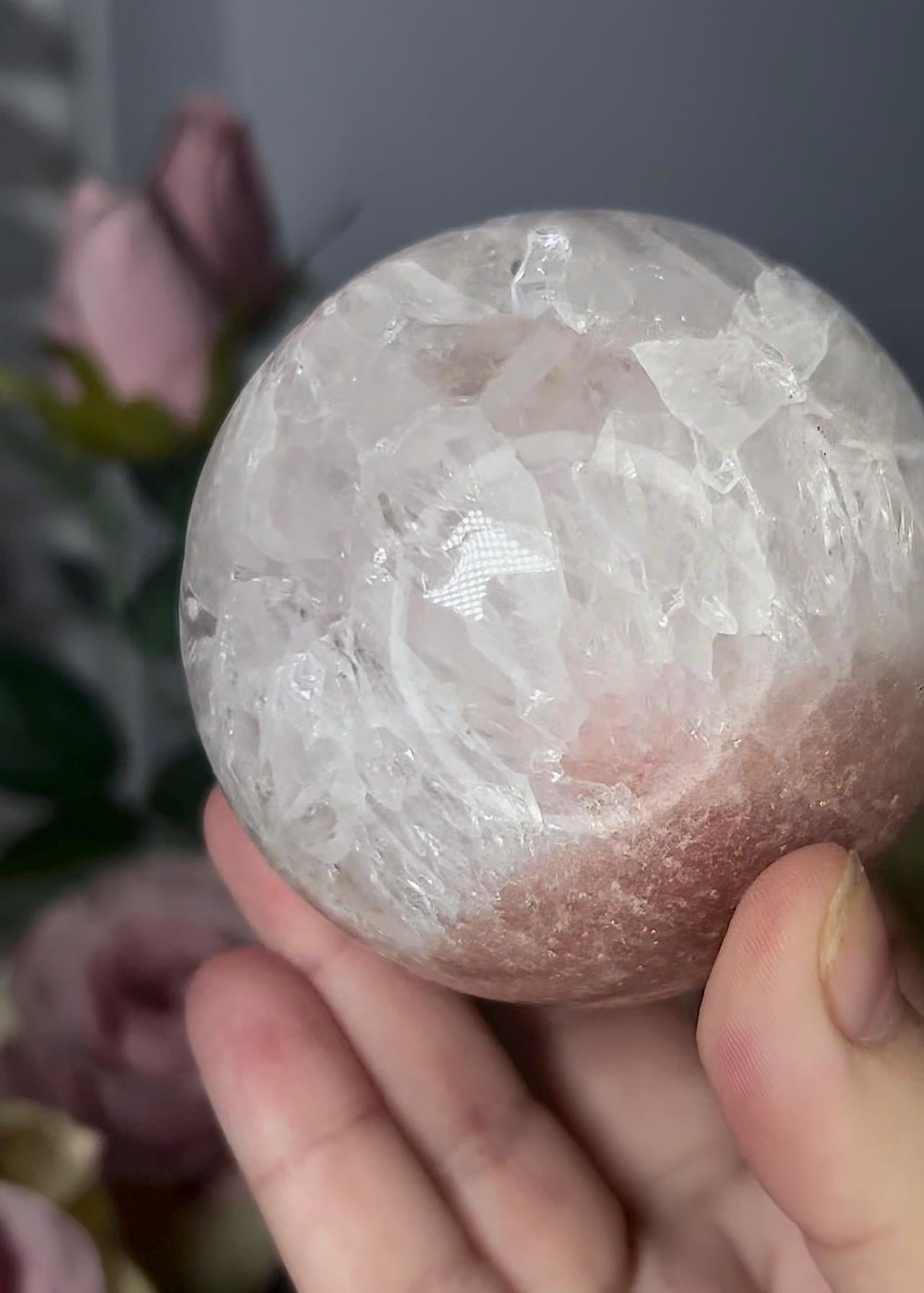 High grade, pink amethyst sphere with quartz 521g