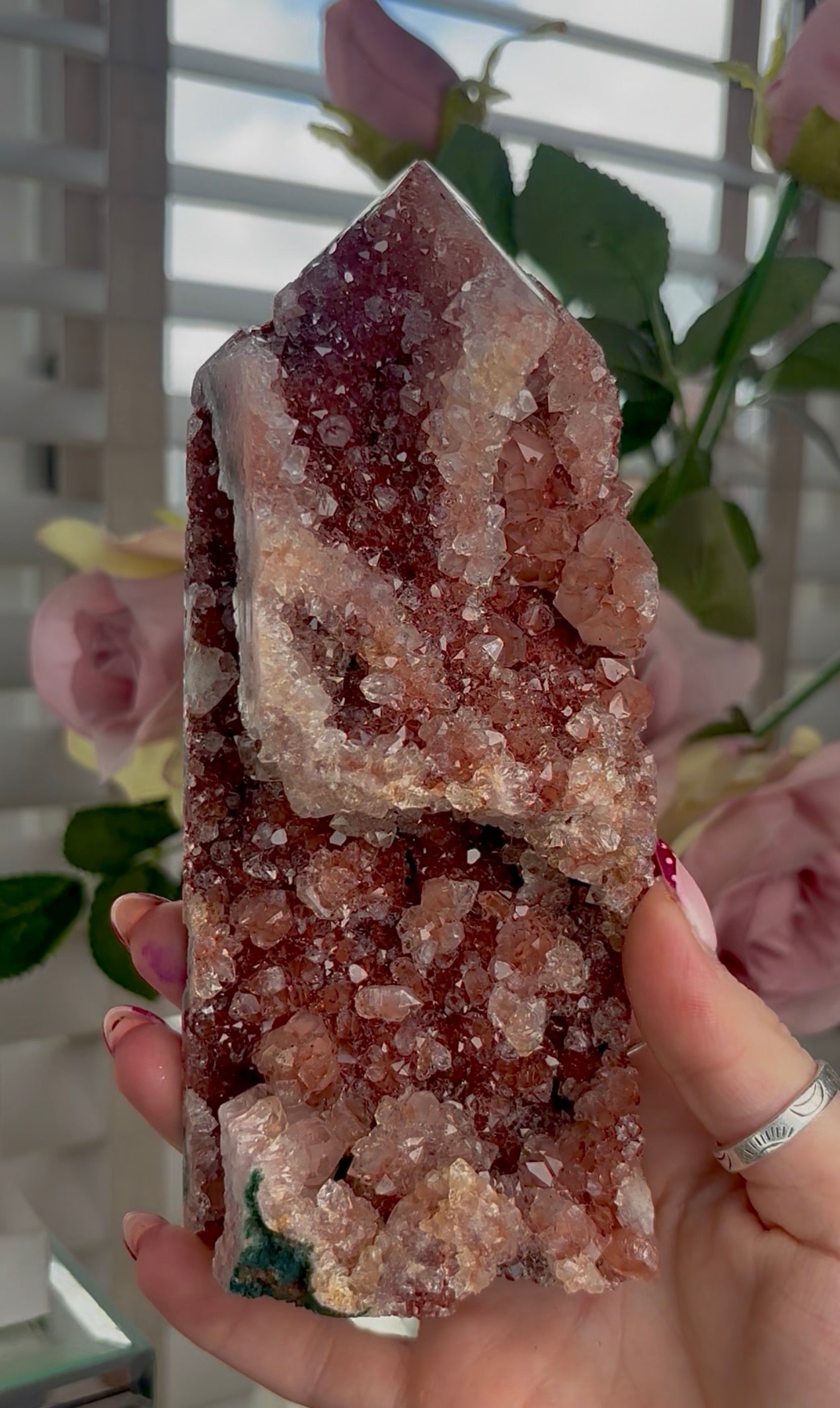 Hq Druzy Pink amethyst tower & jasper In golden and reddish tones