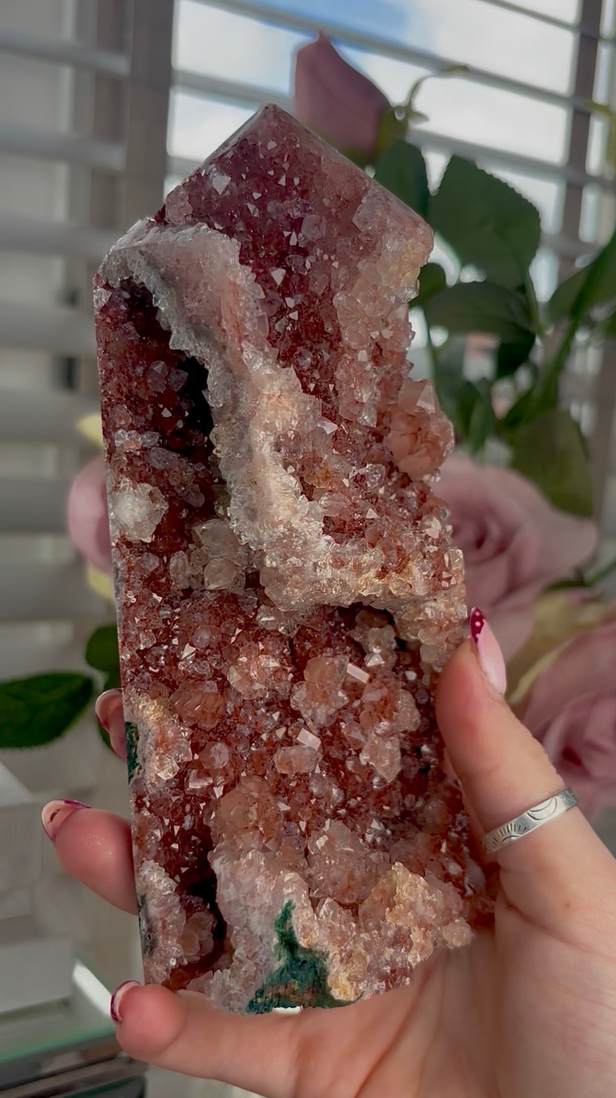 Hq Druzy Pink amethyst tower & jasper In golden and reddish tones