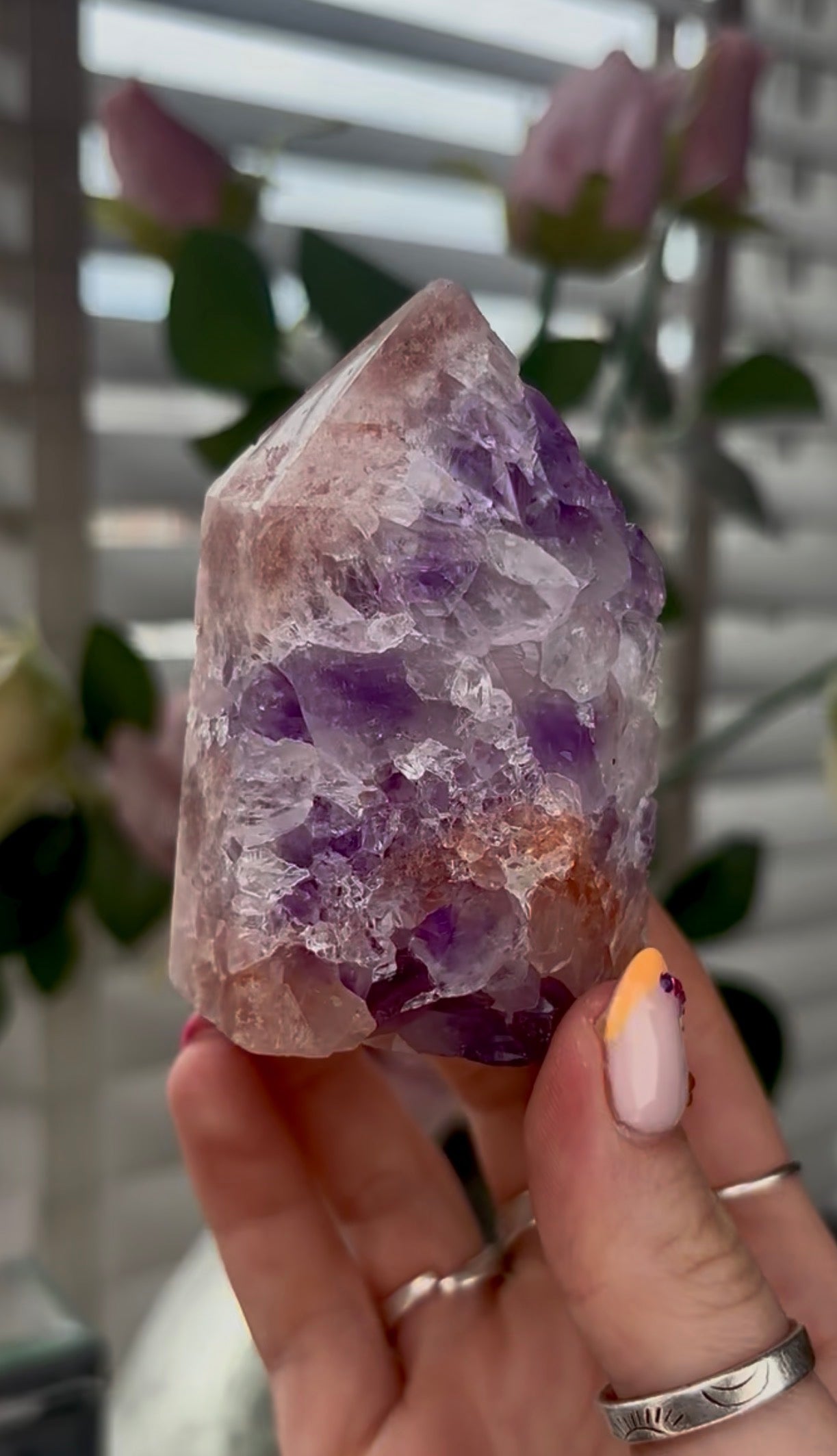 High quality, Pink amethyst tower, with purple quartz druzy