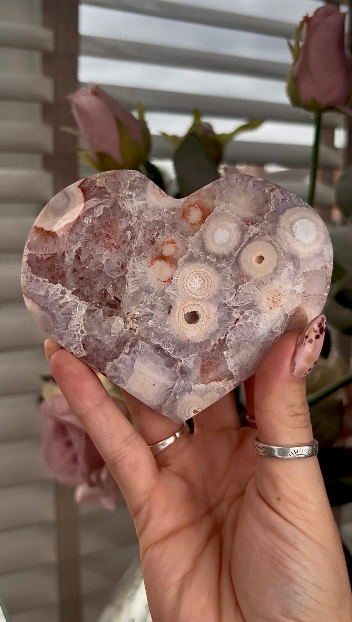 High grade, amethyst Flower agate heart with high clarity quartz
