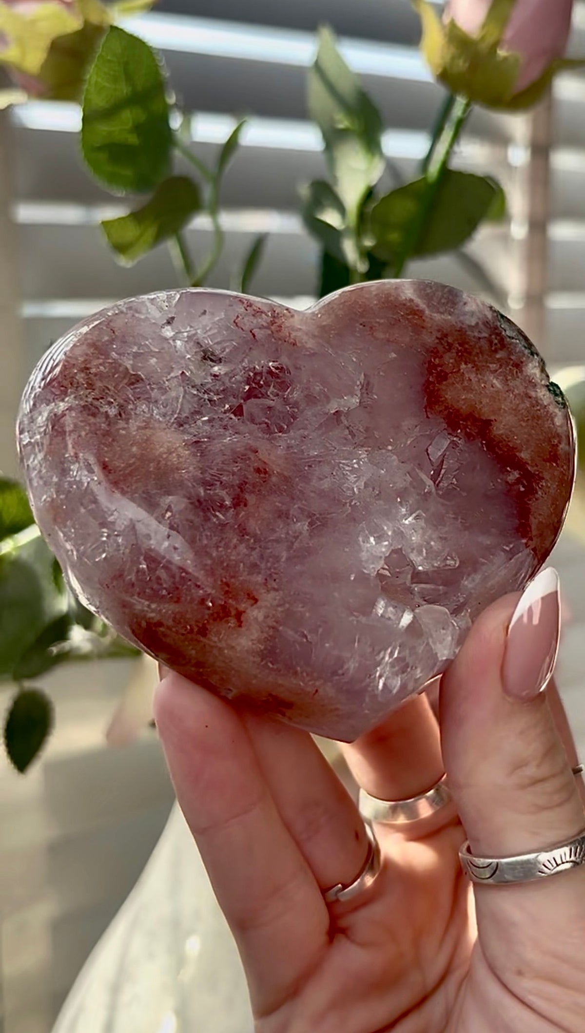 Gorgeous, berry red & pink amethyst heart with quartz - comes with stand
