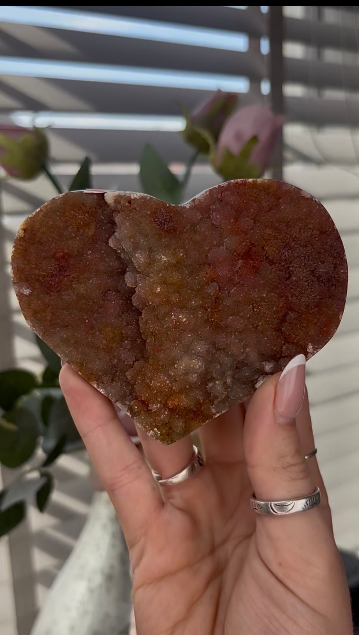 Uruguay, rainbow amethyst heart in rusty tone - comes with stand