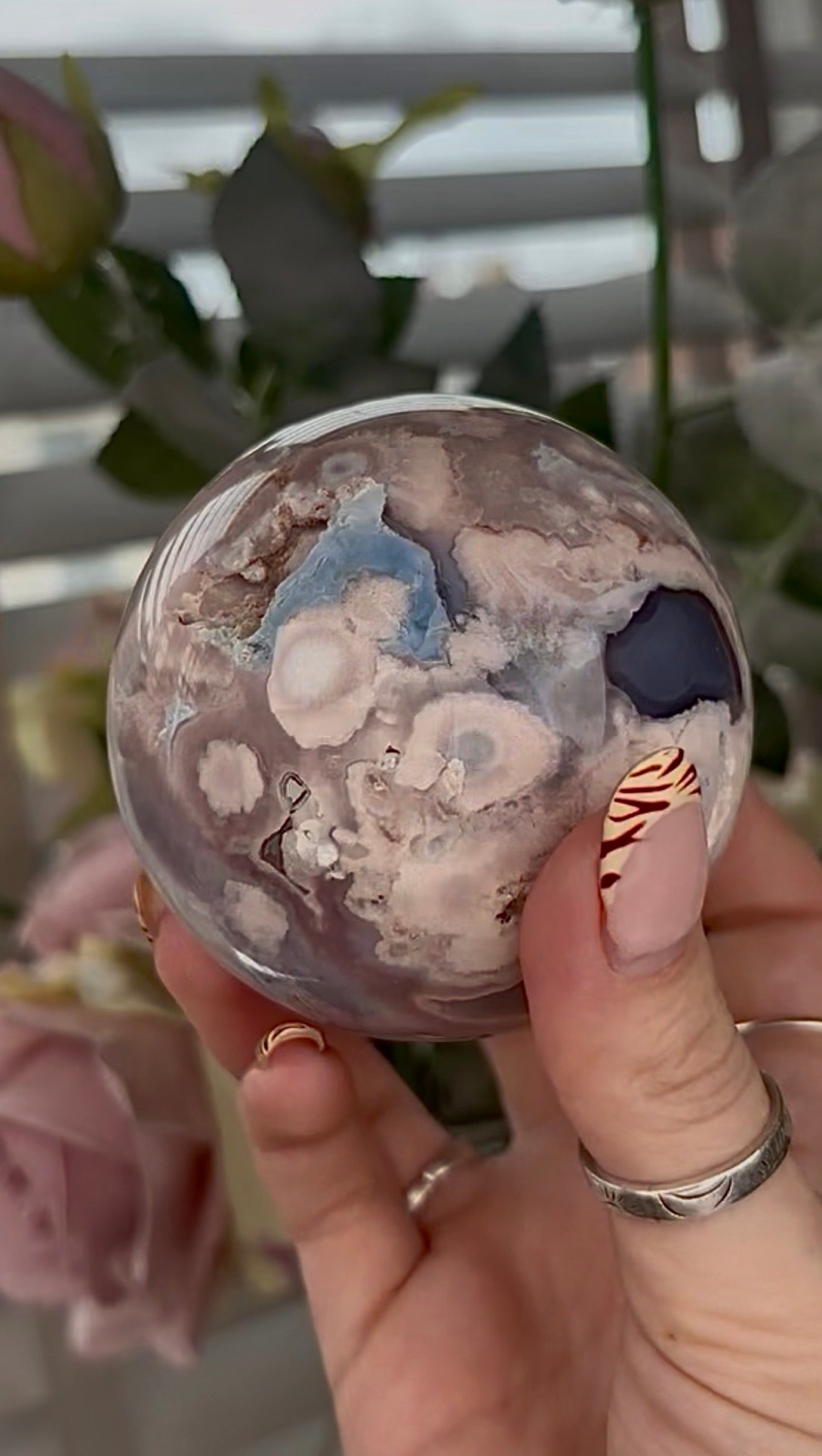 Stunning!! Super high quality, Druzy, green chlorite x blue flower agate sphere