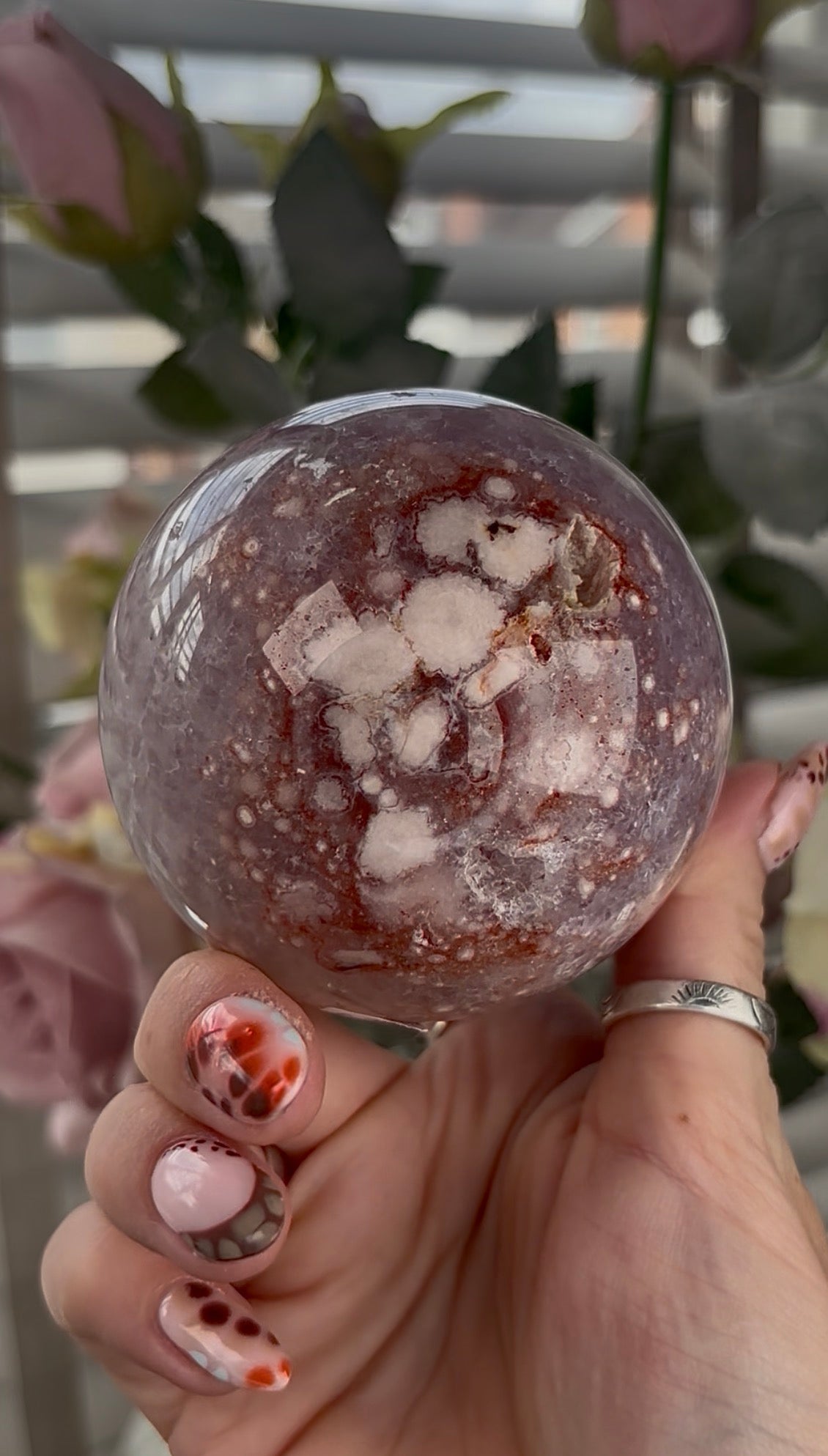 High grade, amethyst Flower agate sphere with high clarity quartz