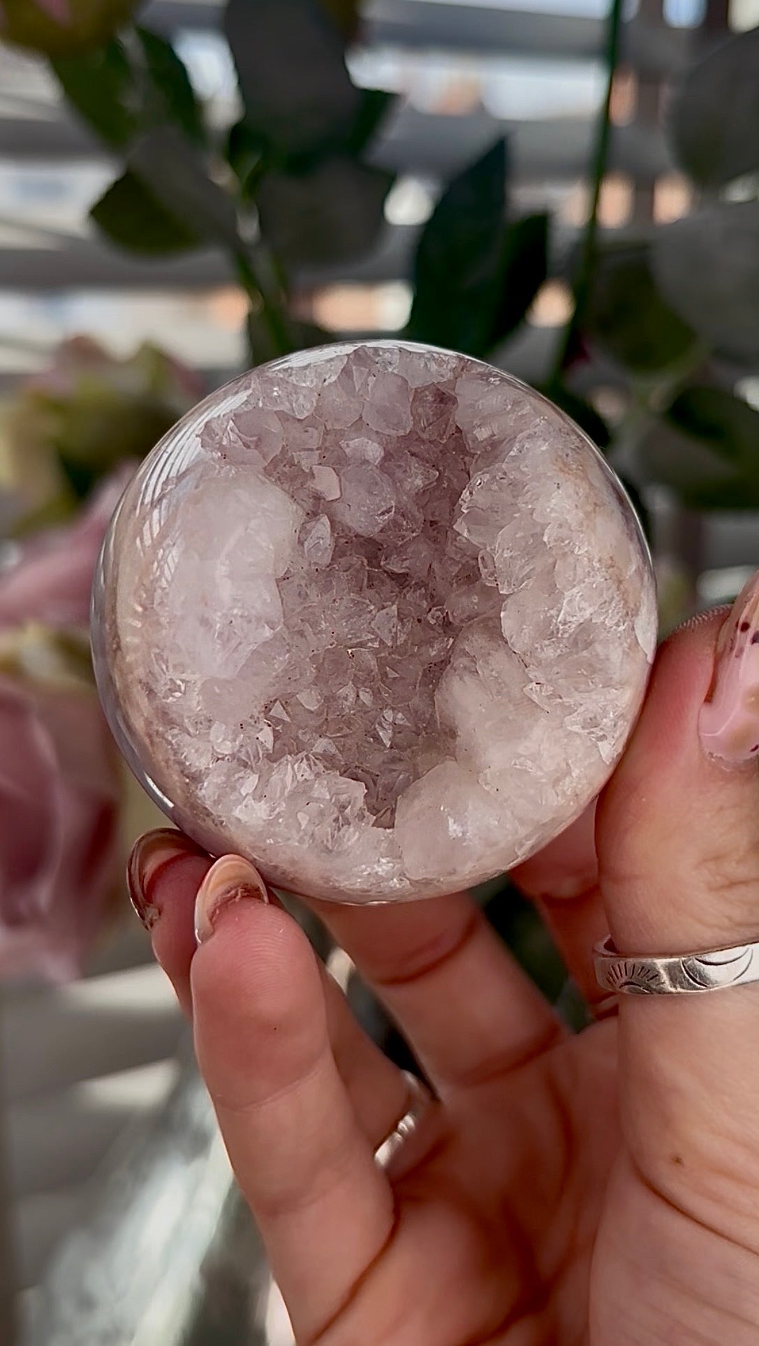 High grade, Pink amethyst Flower agate sphere with druzy quartz- 6cm