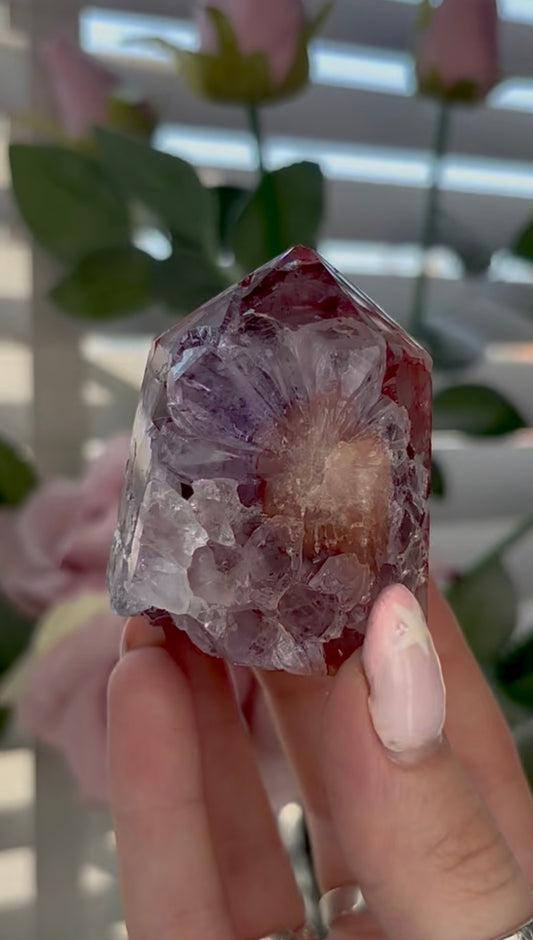 Beautiful, high quality, chunky, Pink amethyst tower with red hematite, purple quartz & Green jasper - 5.8cm