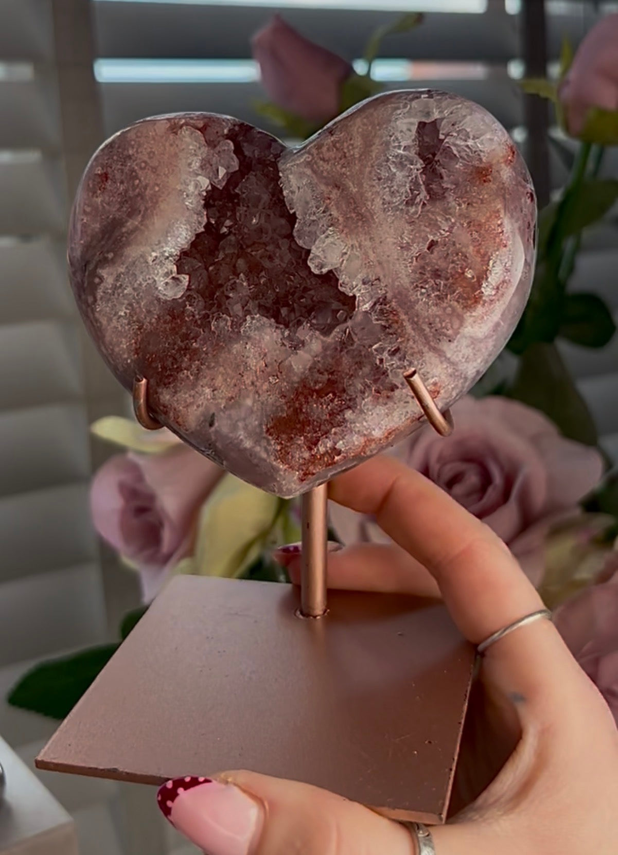 High quality pink amethyst heart - comes with stand