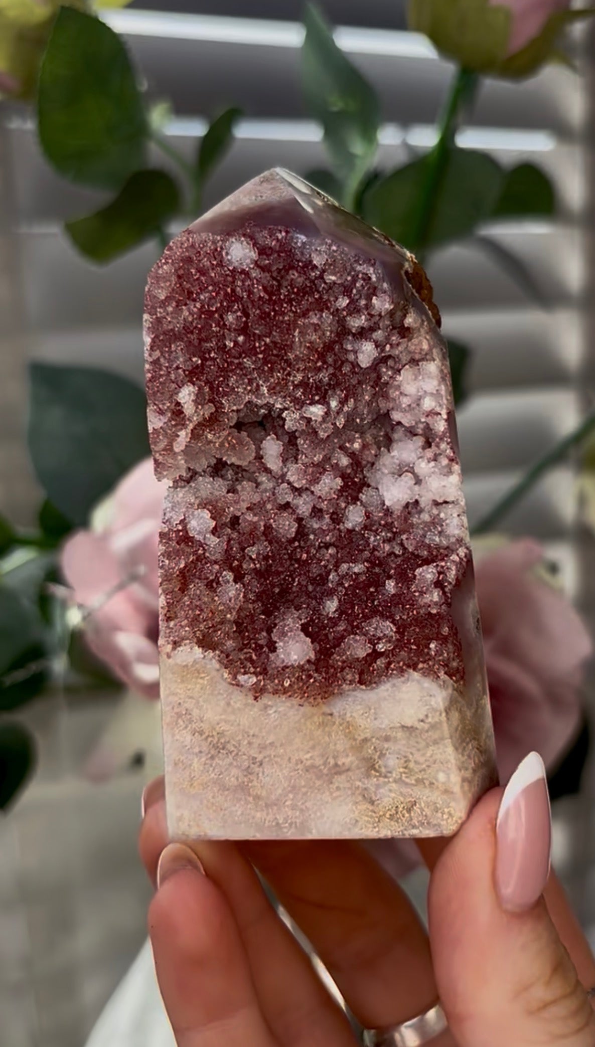 Beautiful, hq, druzy, Pink amethyst tower 10cm(h) by 5cm(w)