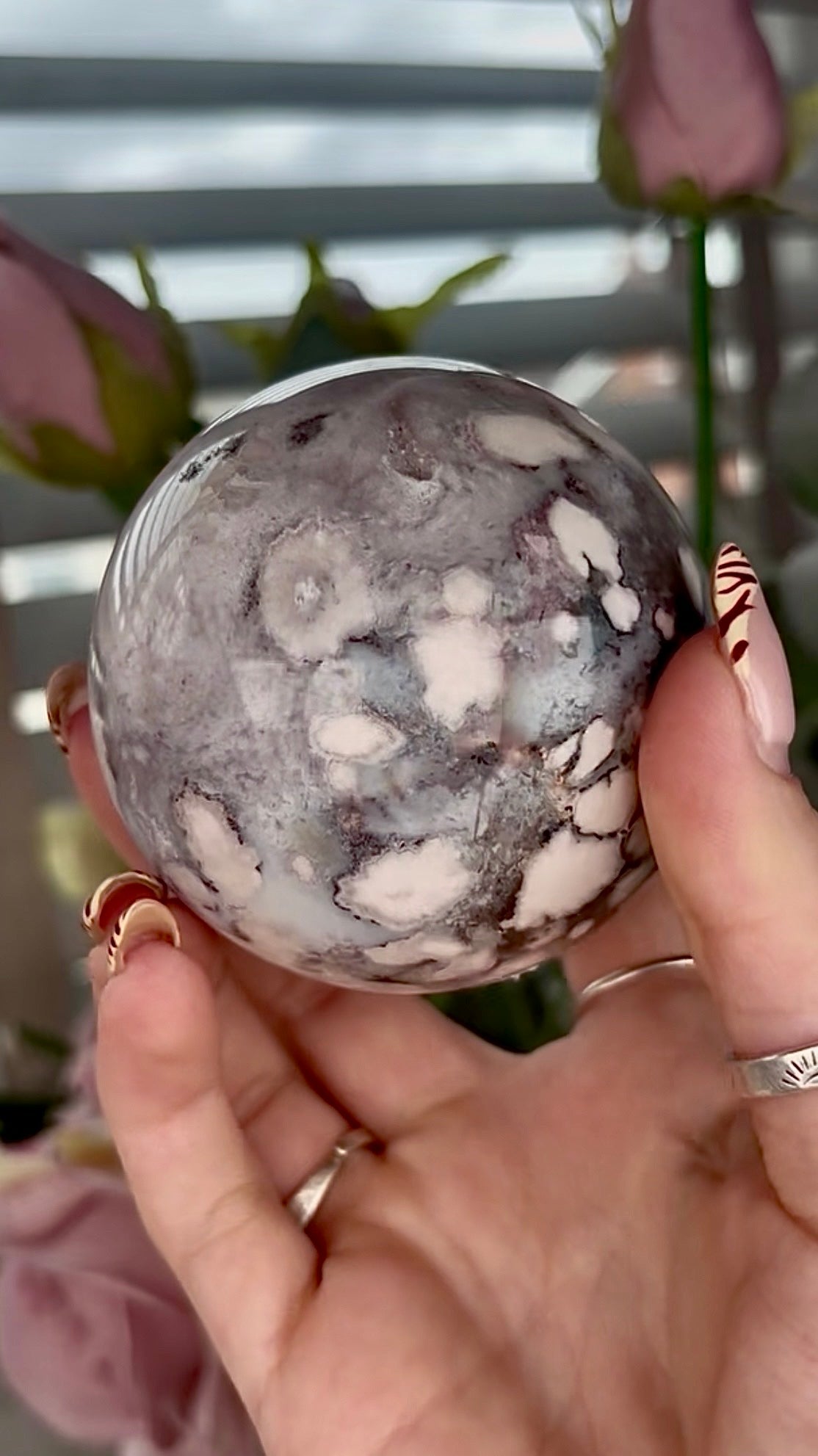 Stunning!! Super high quality, Druzy, green chlorite x blue flower agate sphere