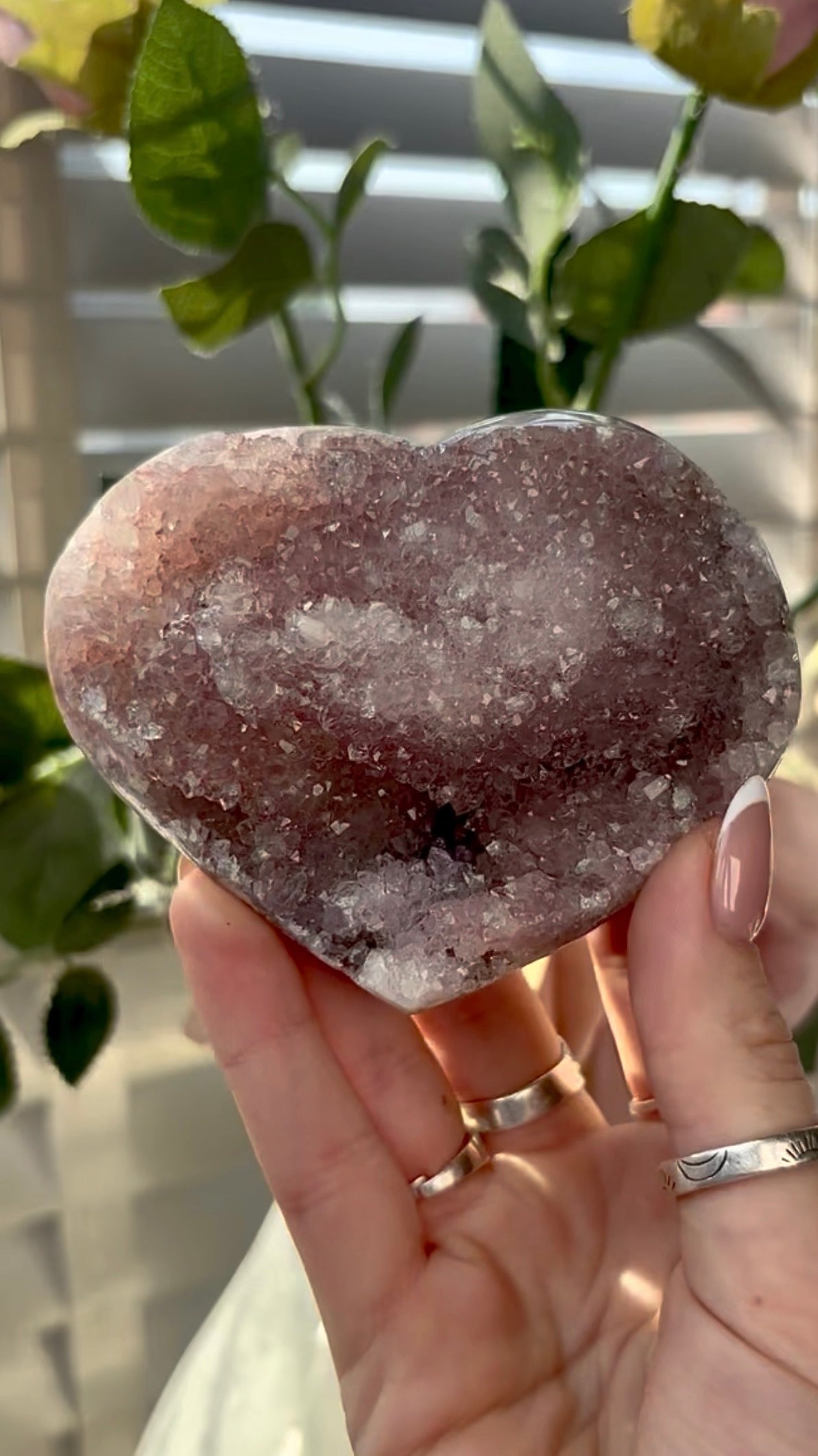 Gorgeous, hq, druzy pink amethyst heart- comes with stand