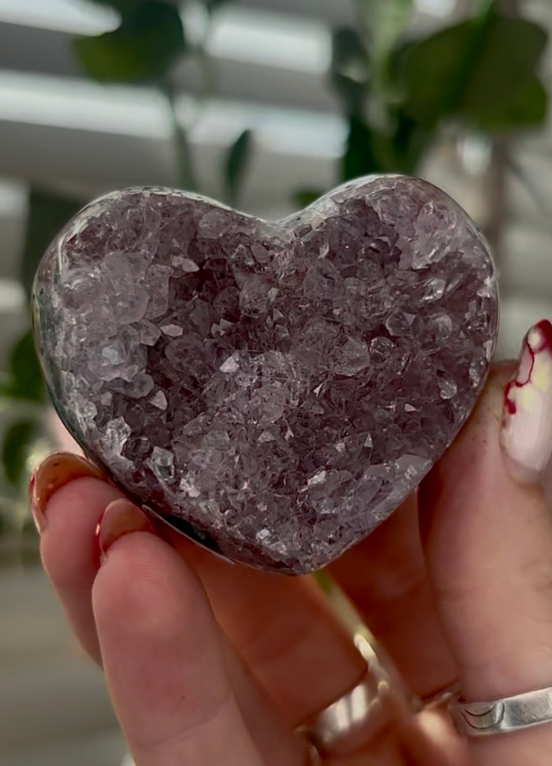 Mini, chunky, double sided, pink amethyst heart with purple quartz and jasper - comes with stand