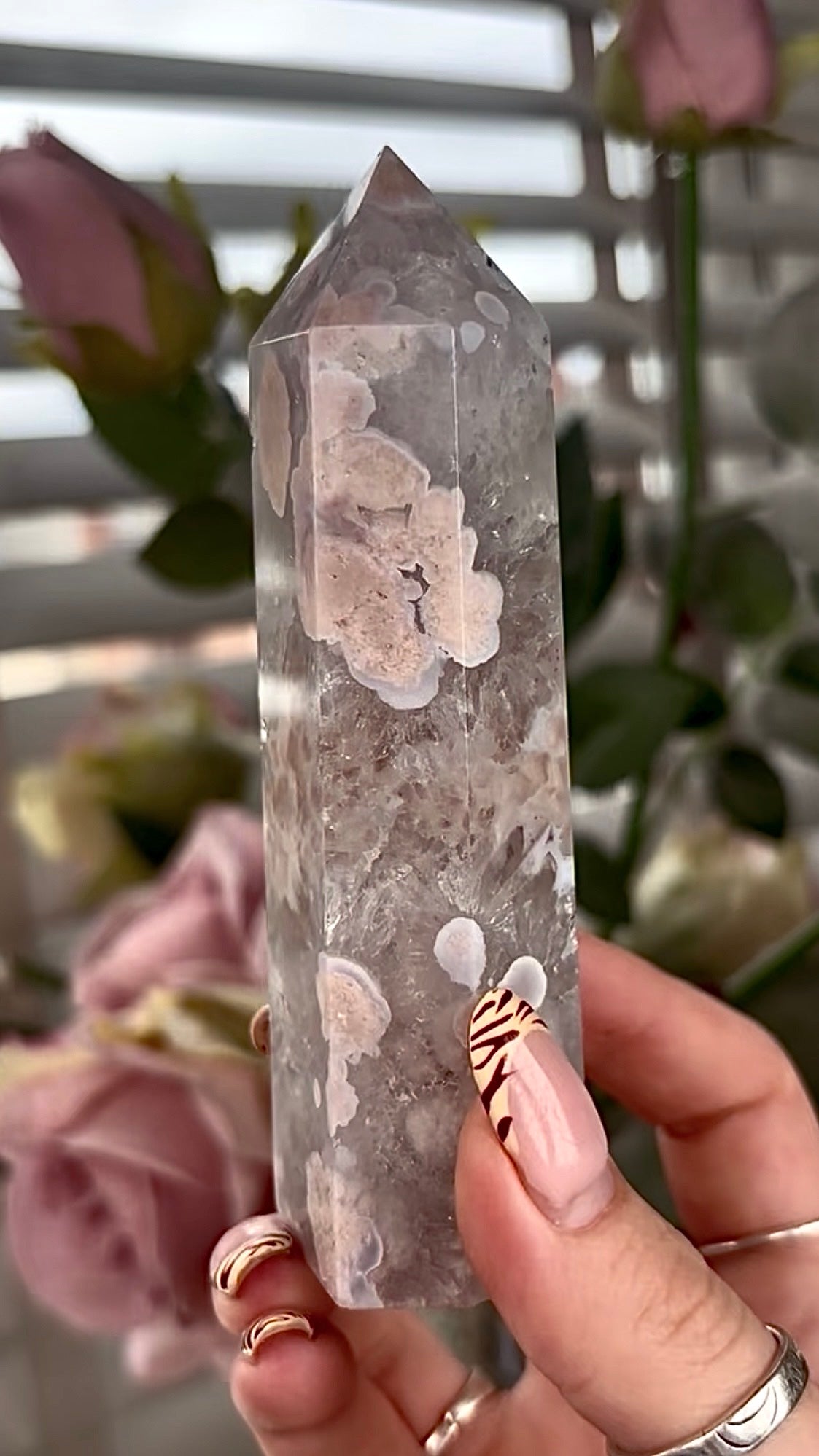 Stunning!! Super high quality, Druzy, green chlorite x blue flower agate tower