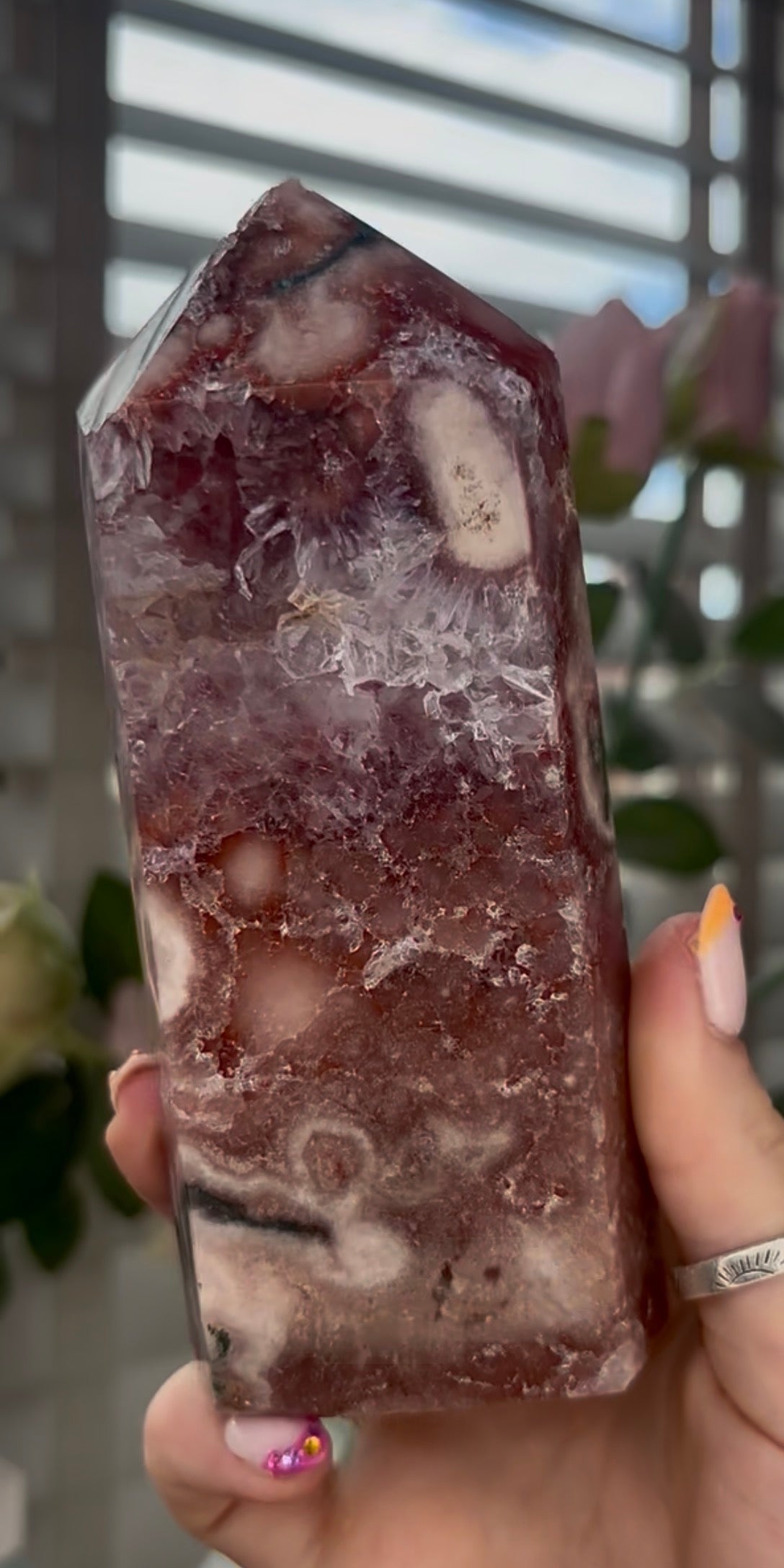 Beautiful, high quality, Pink amethyst tower with Green jasper