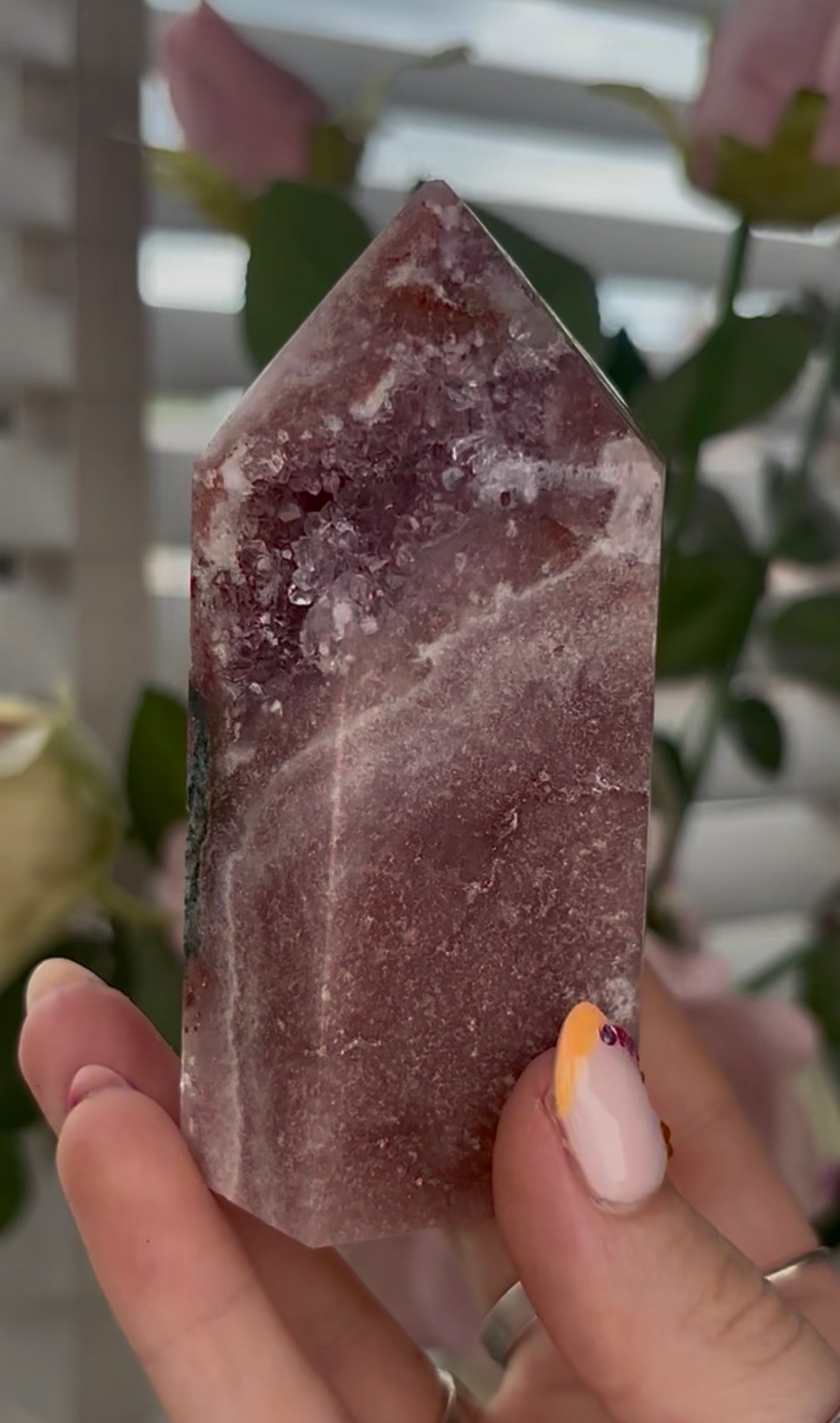 Pretty, Pink amethyst tower, with Green jasper