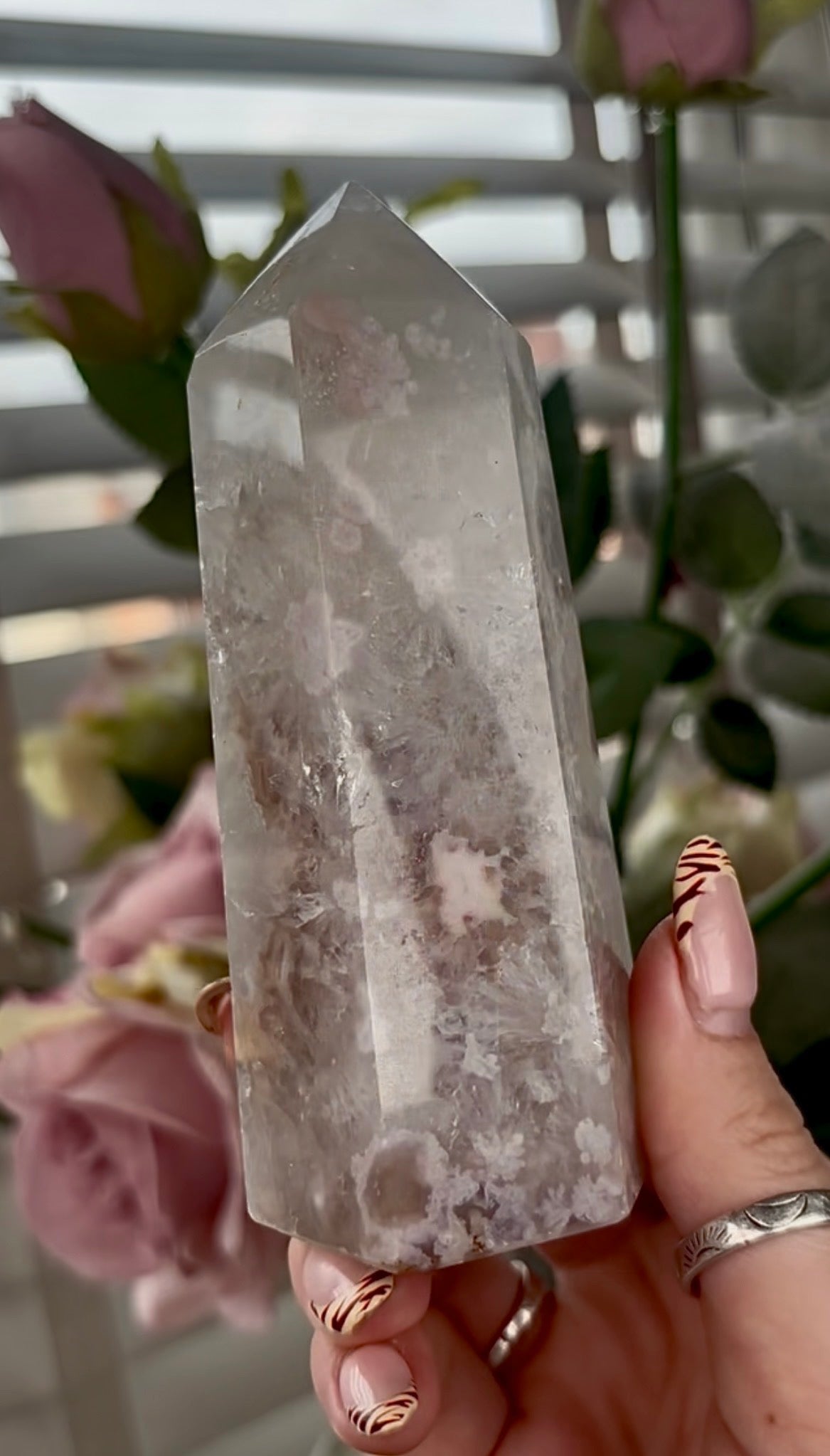 Stunning!! Super high quality, Druzy, green chlorite x blue flower agate tower