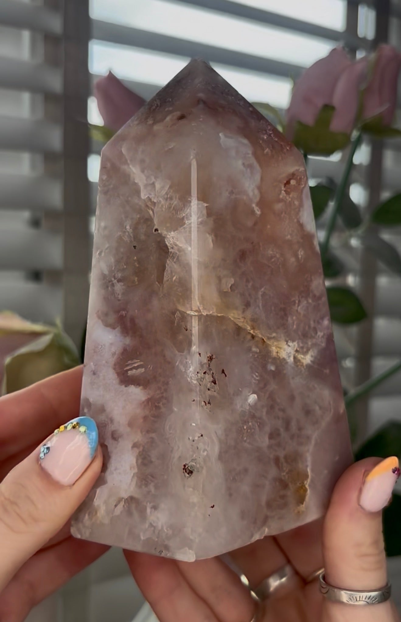 Huge, Beautiful, Pink amethyst tower with purple quartz druzy