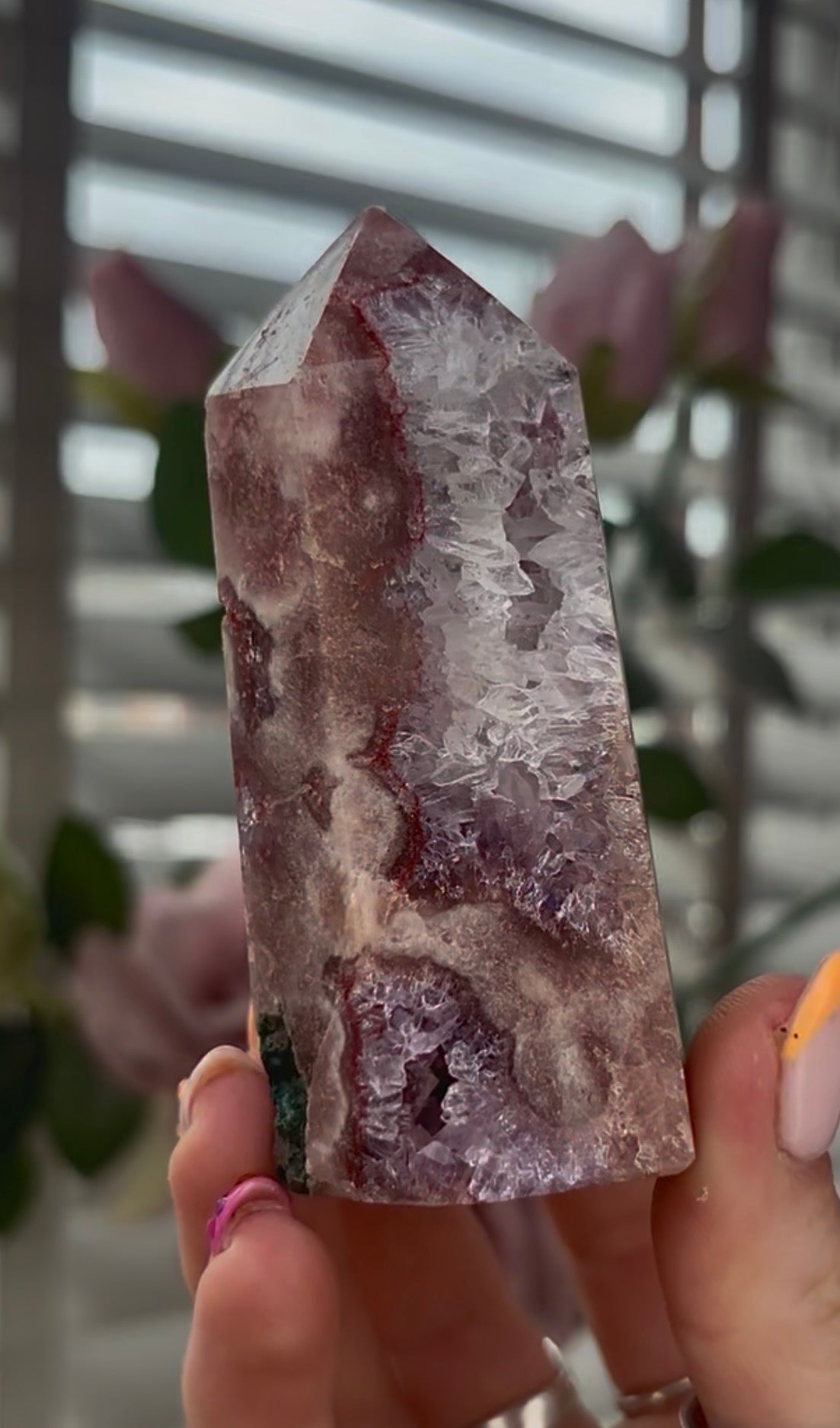 High quality, Pink amethyst tower, with quartz & Green jasper