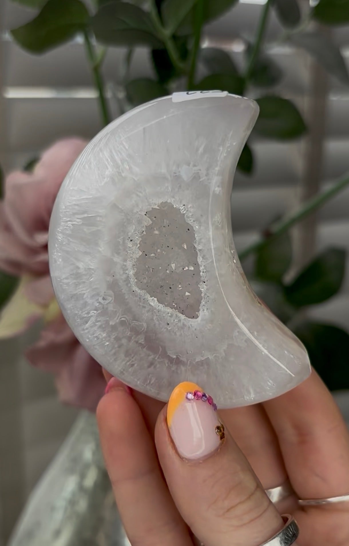 Beautiful, high grade, agate moon with druzy - comes with stand