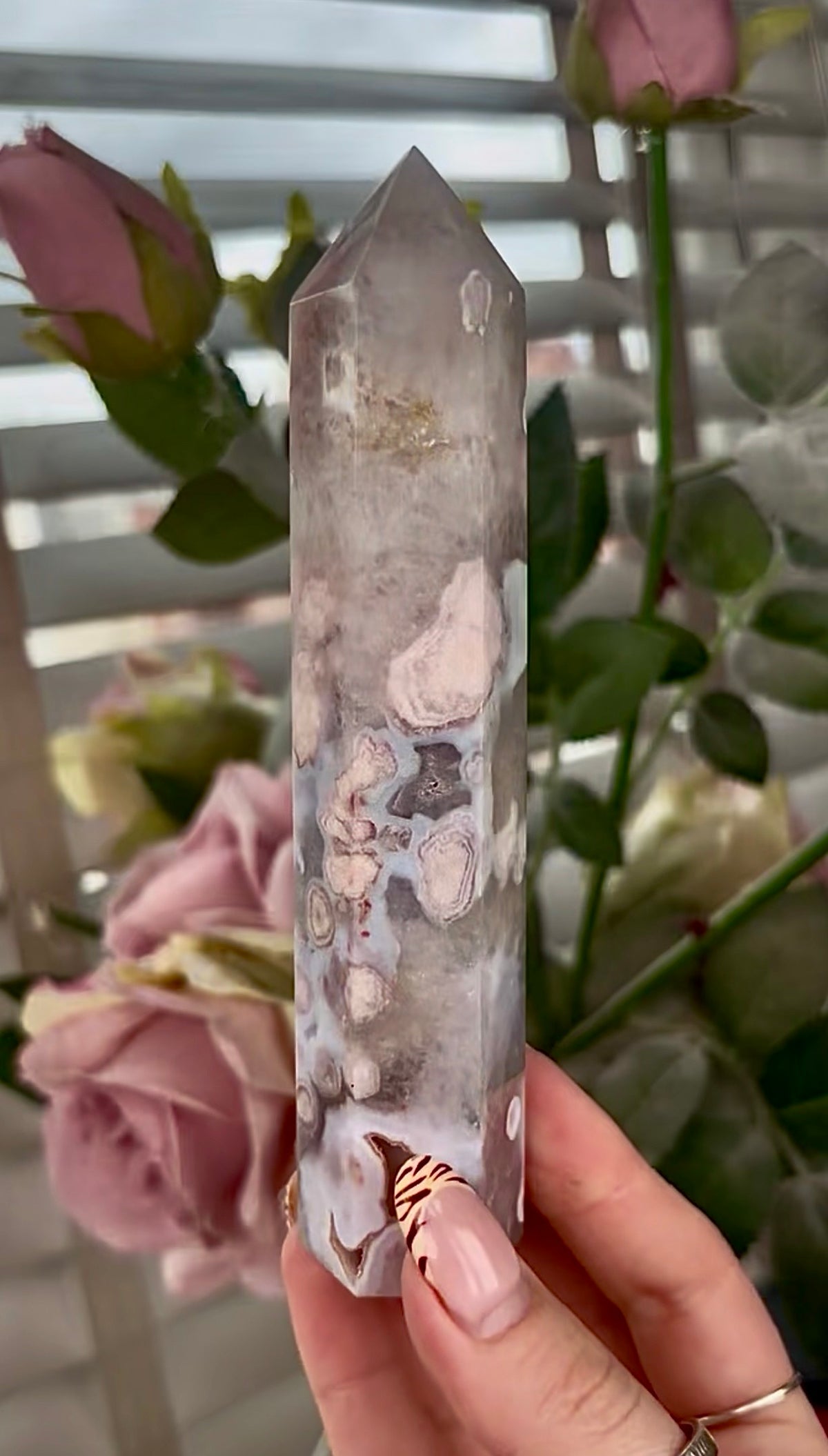 Stunning!! Super high quality, Druzy, green chlorite x blue flower agate tower