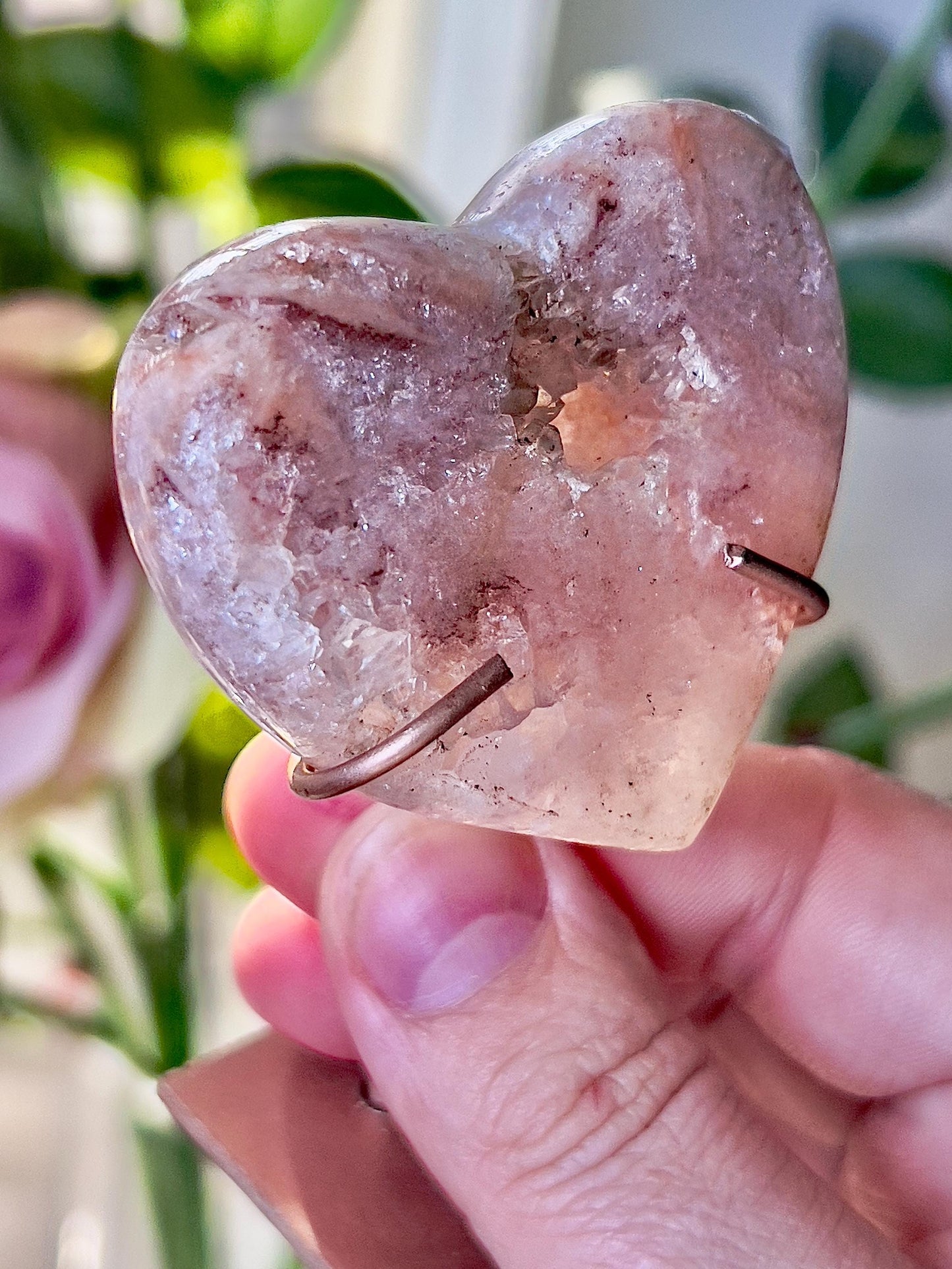 Mini, high grade, pink amethyst haert with rutile markings on custom stand