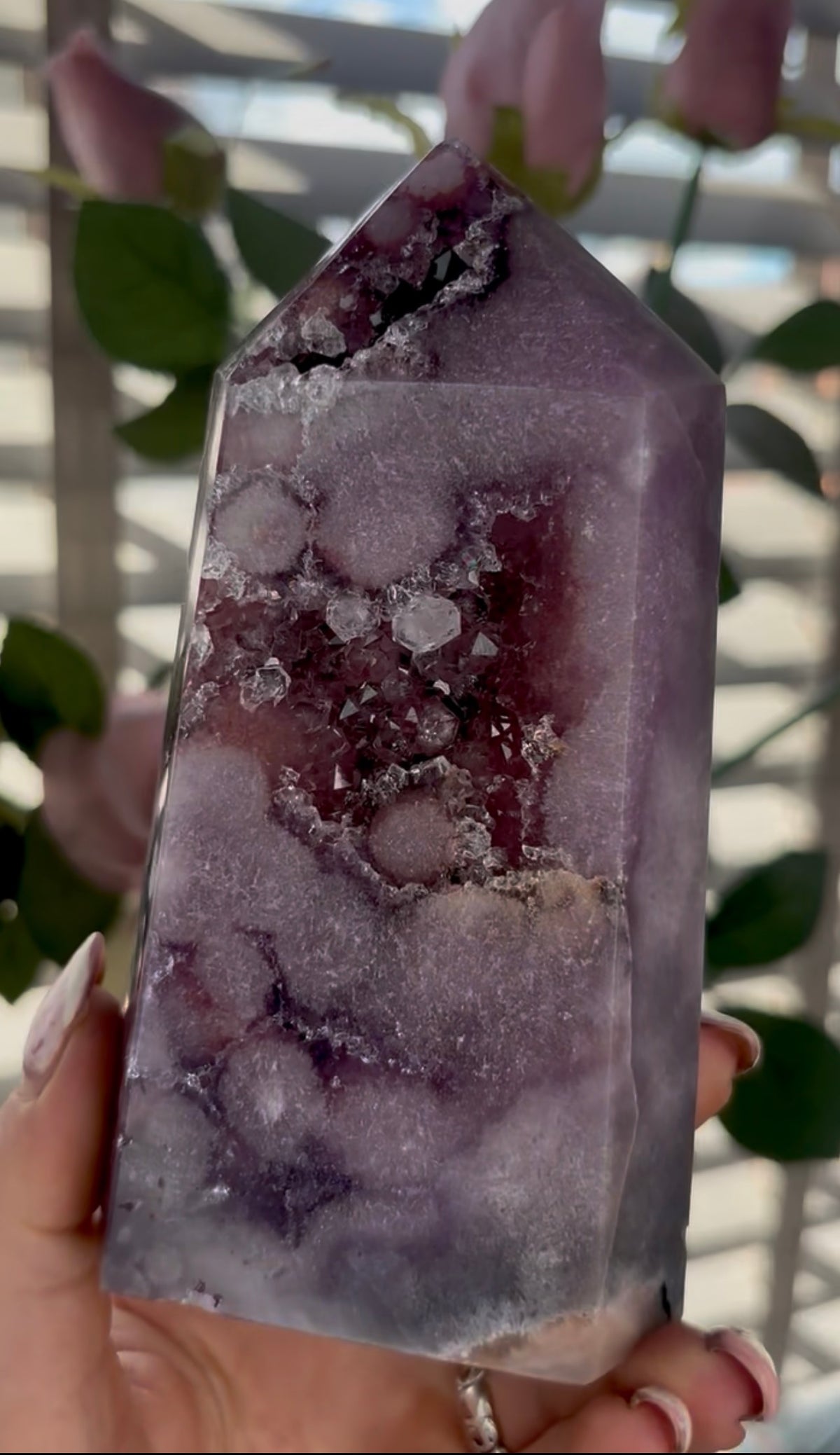 Beautiful, high quality, Pink amethyst tower in lilac tones with vibrant purple druzy
