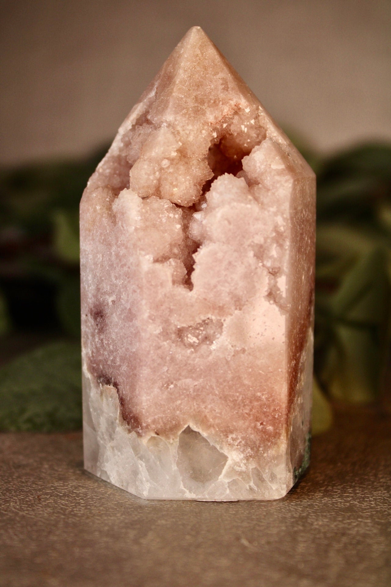 High grade pink amethyst tower with quartz bottom 295g 9.5cm tall