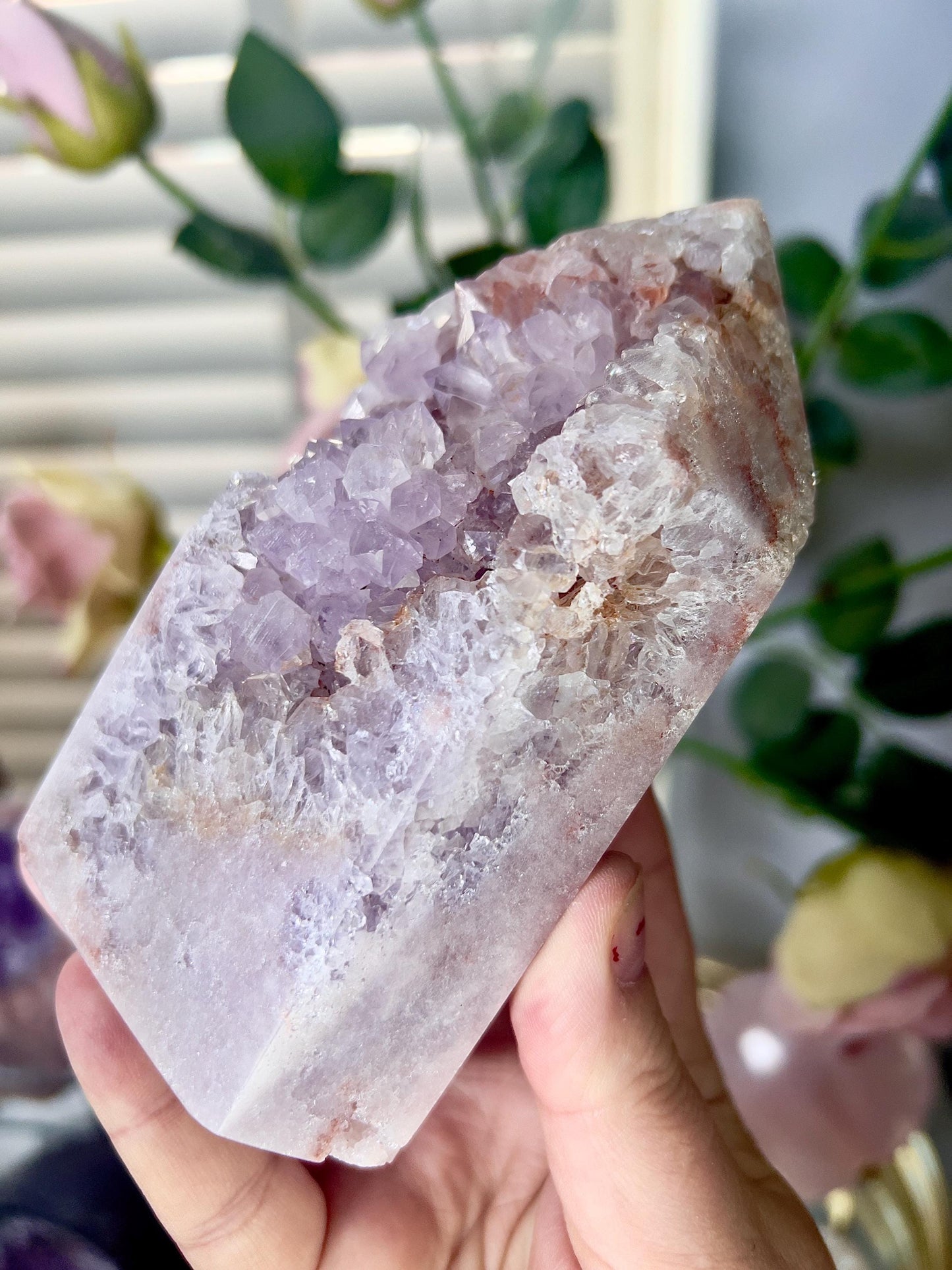 pink amethyst, Chonky with quartz druzy tower 640g