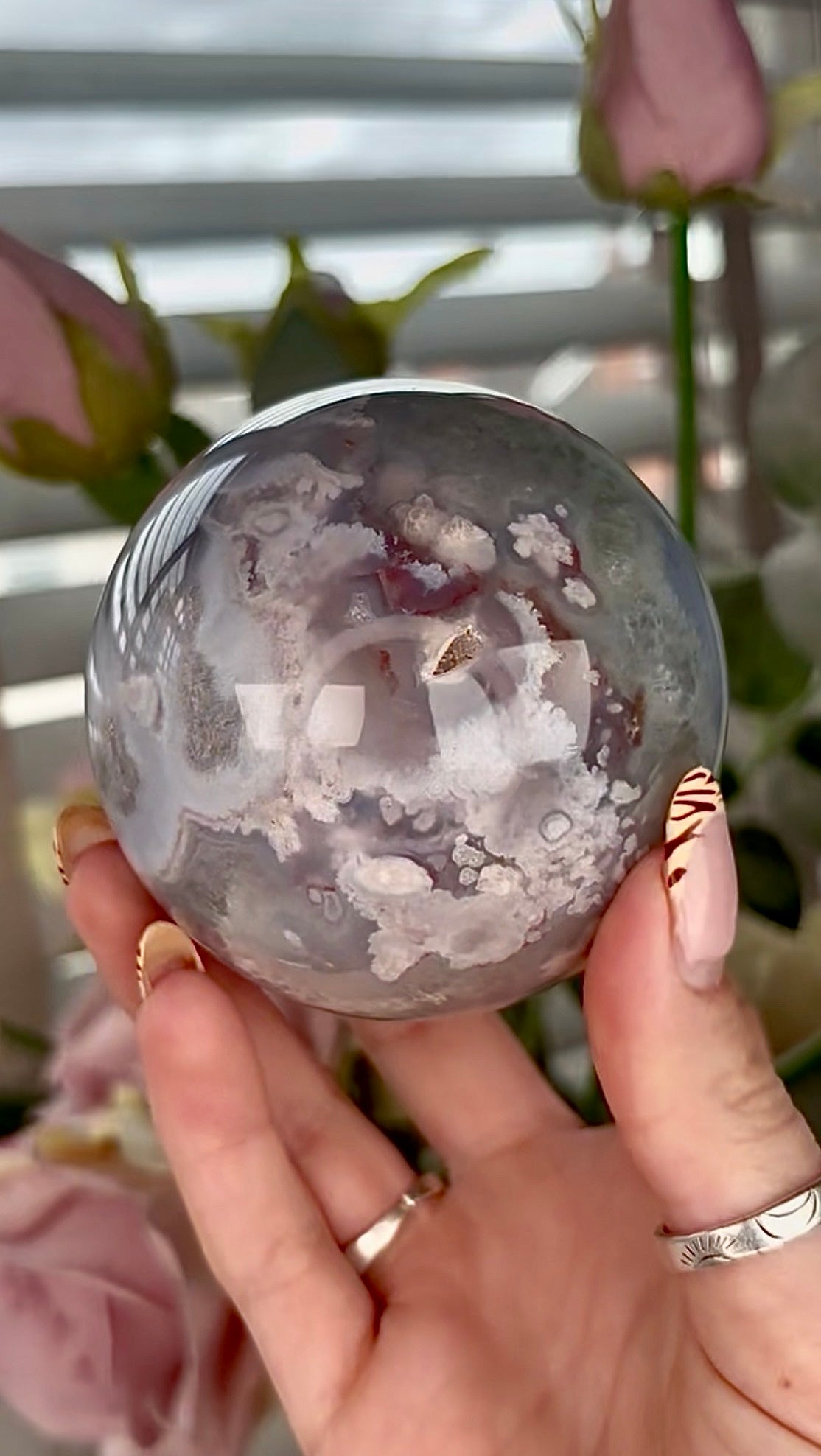 Stunning!! Super high quality, Druzy, green chlorite x blue flower agate sphere