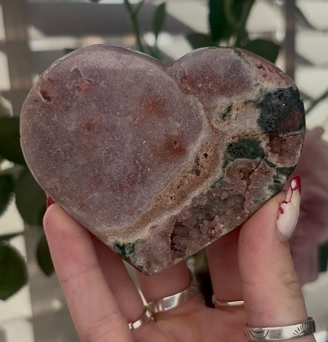 pink amethyst heart with jasper - comes with stand